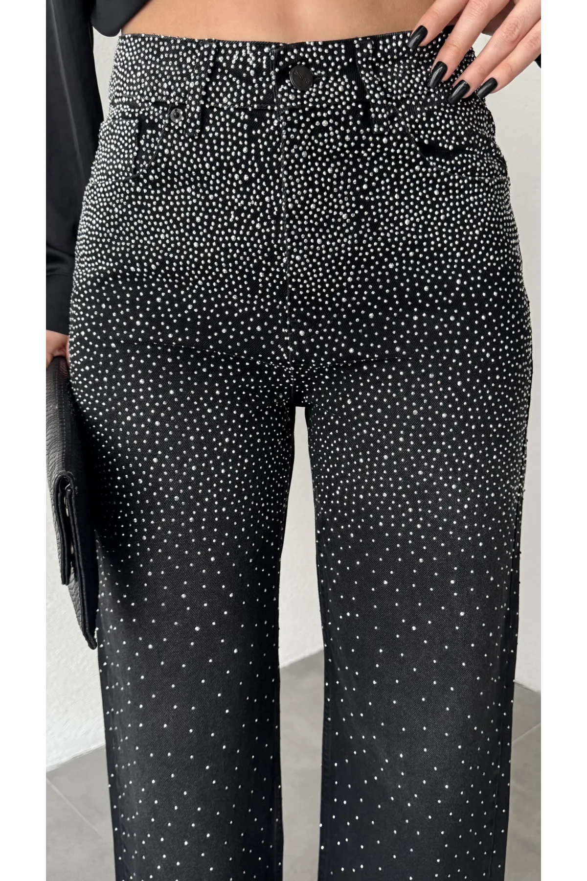 Kadın Siyah Taşlı Wide Leg Jean Pantolon Yüksek Bel Bol Paça Denim