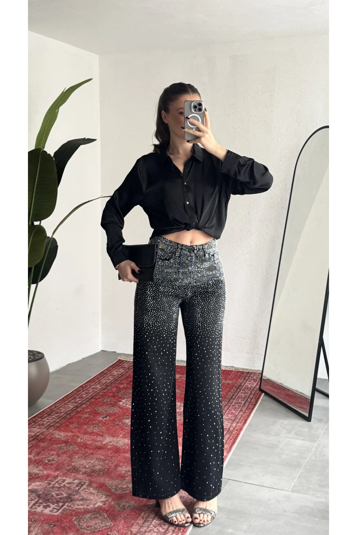 Kadın Siyah Taşlı Wide Leg Jean Pantolon Yüksek Bel Bol Paça Denim