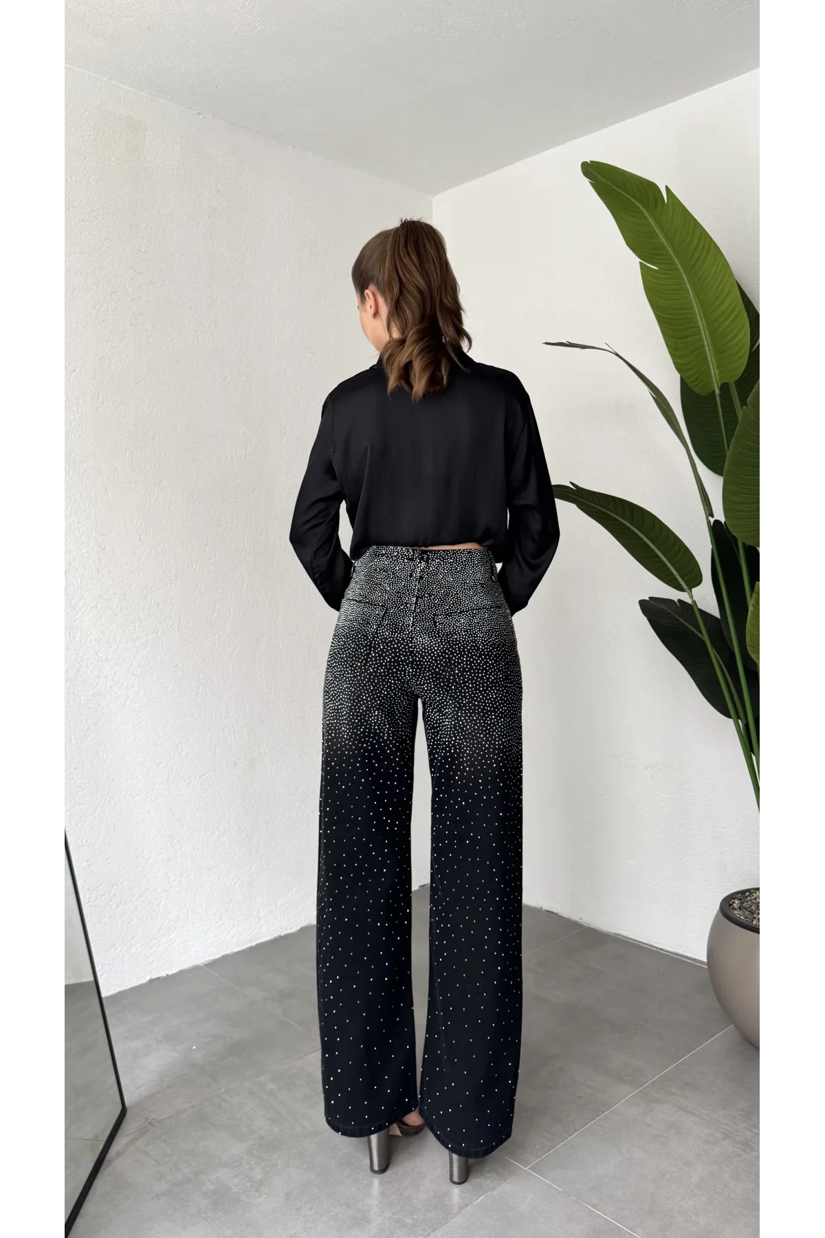 Kadın Siyah Taşlı Wide Leg Jean Pantolon Yüksek Bel Bol Paça Denim