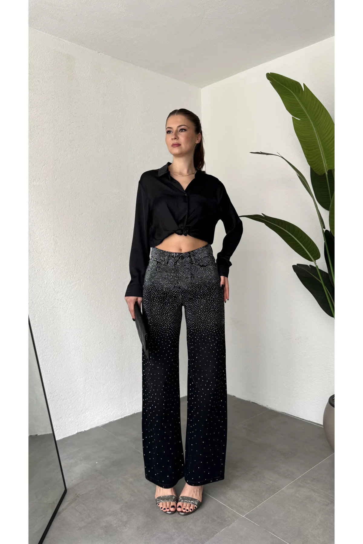 Kadın Siyah Taşlı Wide Leg Jean Pantolon Yüksek Bel Bol Paça Denim