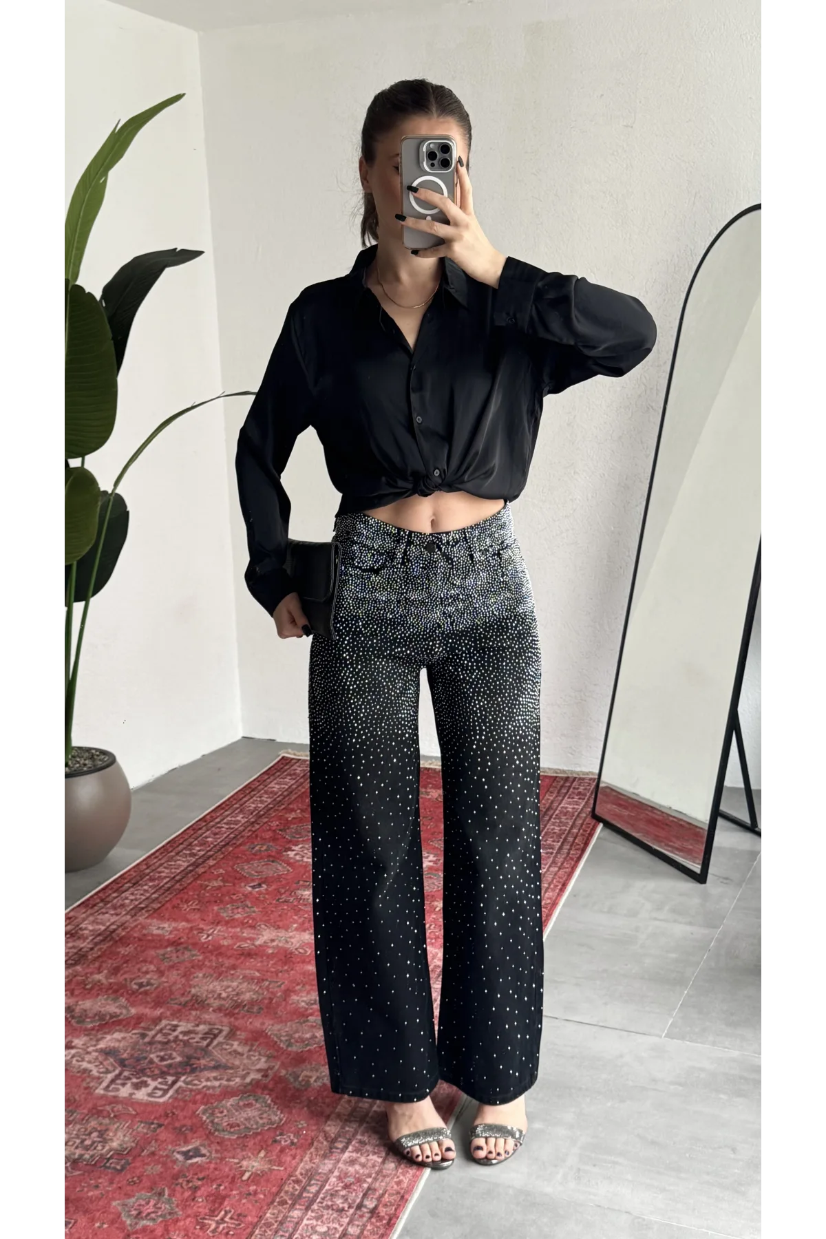 Kadın Siyah Taşlı Wide Leg Jean Pantolon Yüksek Bel Bol Paça Denim