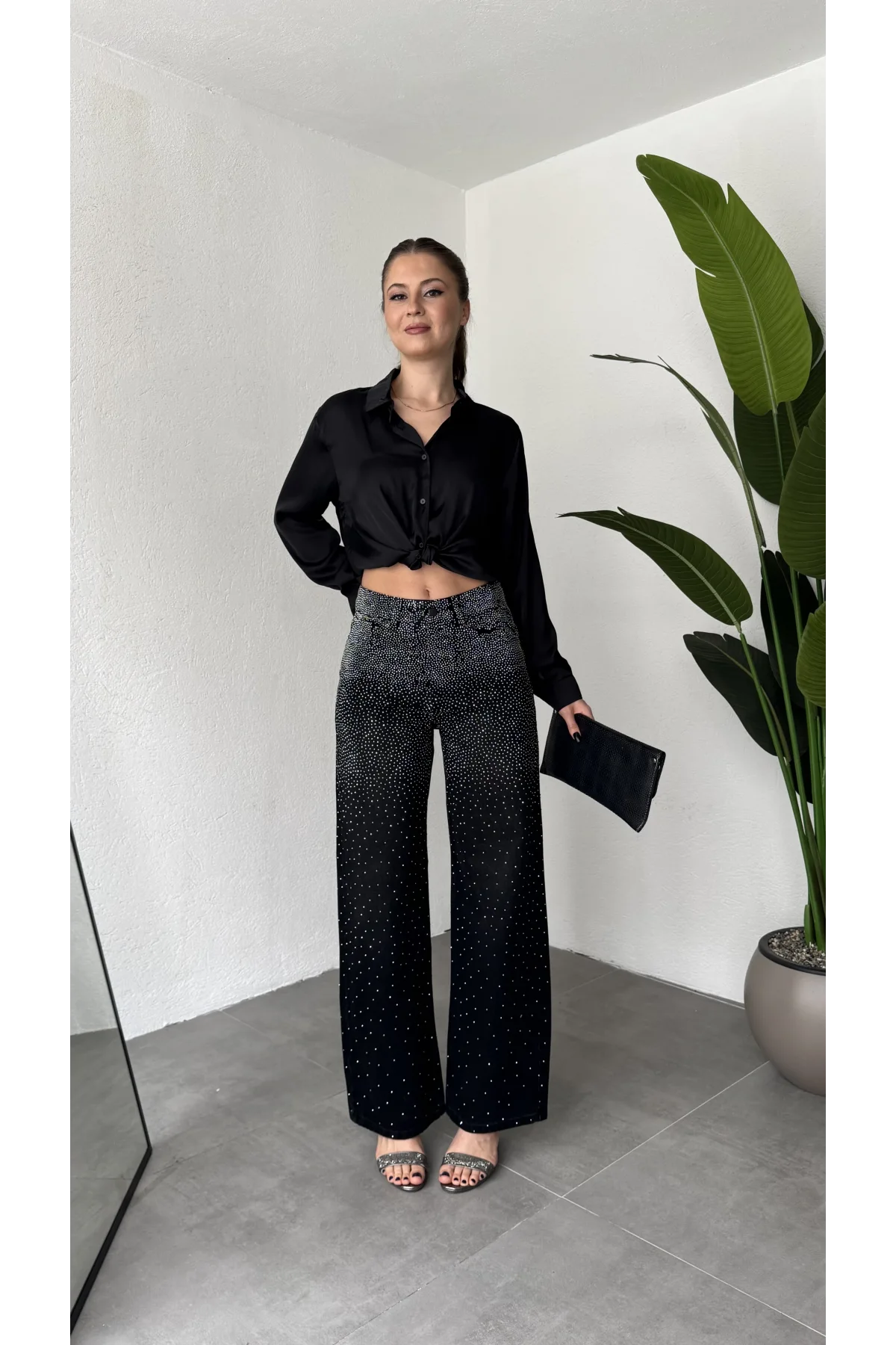 Kadın Siyah Taşlı Wide Leg Jean Pantolon Yüksek Bel Bol Paça Denim