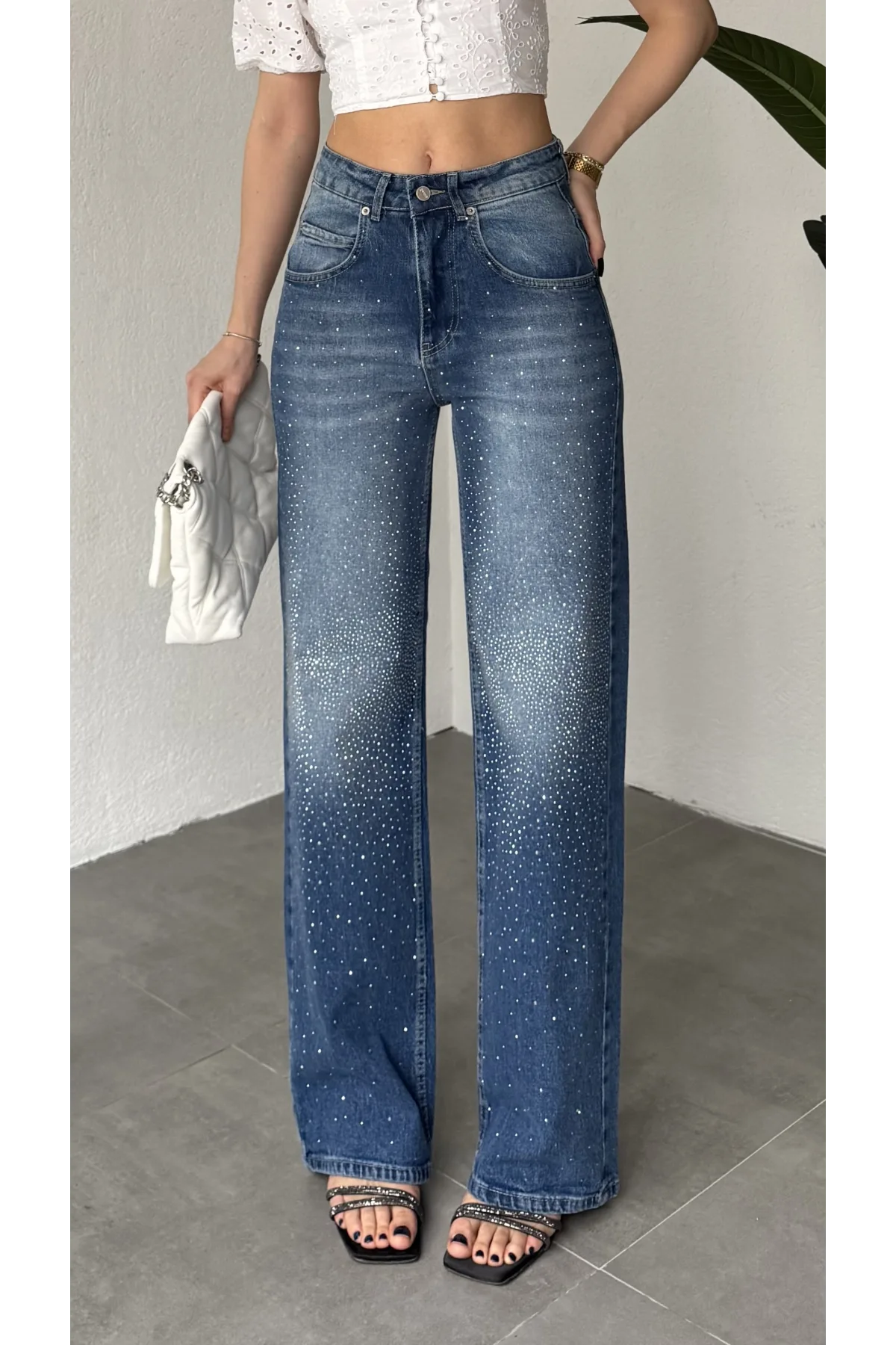 Kadın Mavi Taşlı Wide Leg Jean Pantolon Yüksek Bel Bol Paça Denim