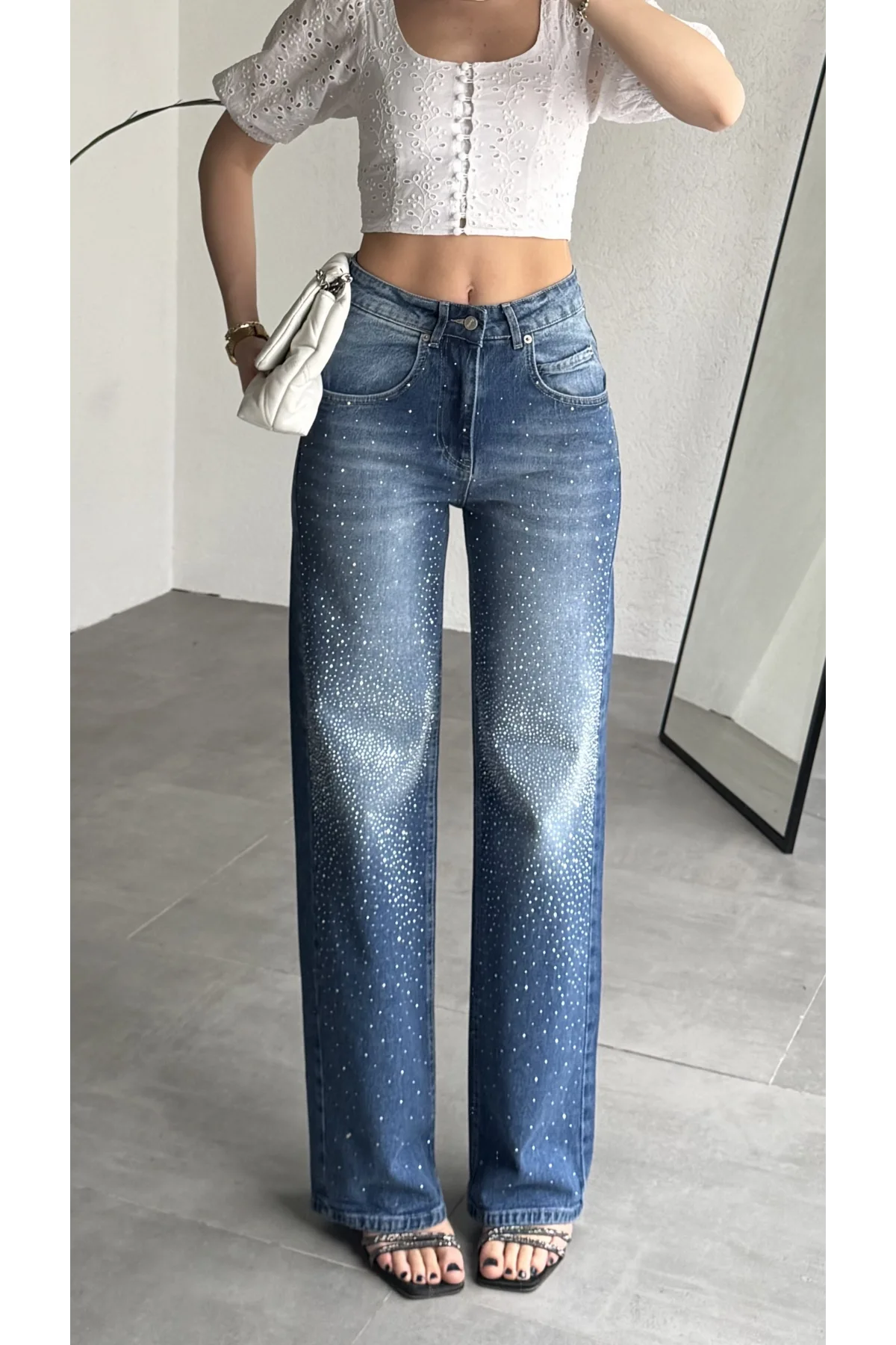 Kadın Mavi Taşlı Wide Leg Jean Pantolon Yüksek Bel Bol Paça Denim