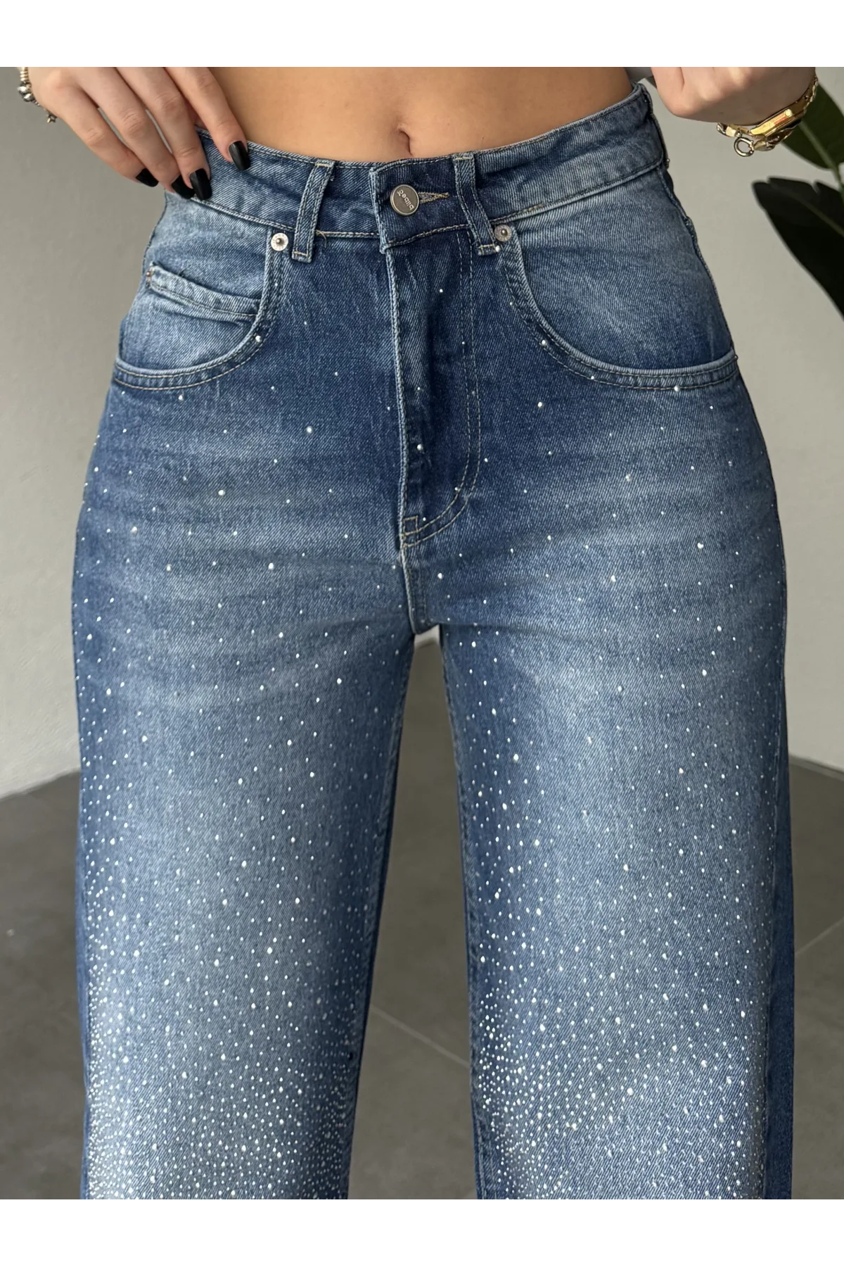 Kadın Mavi Taşlı Wide Leg Jean Pantolon Yüksek Bel Bol Paça Denim