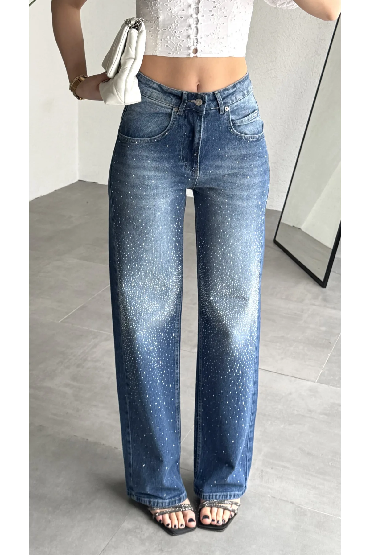 Kadın Mavi Taşlı Wide Leg Jean Pantolon Yüksek Bel Bol Paça Denim