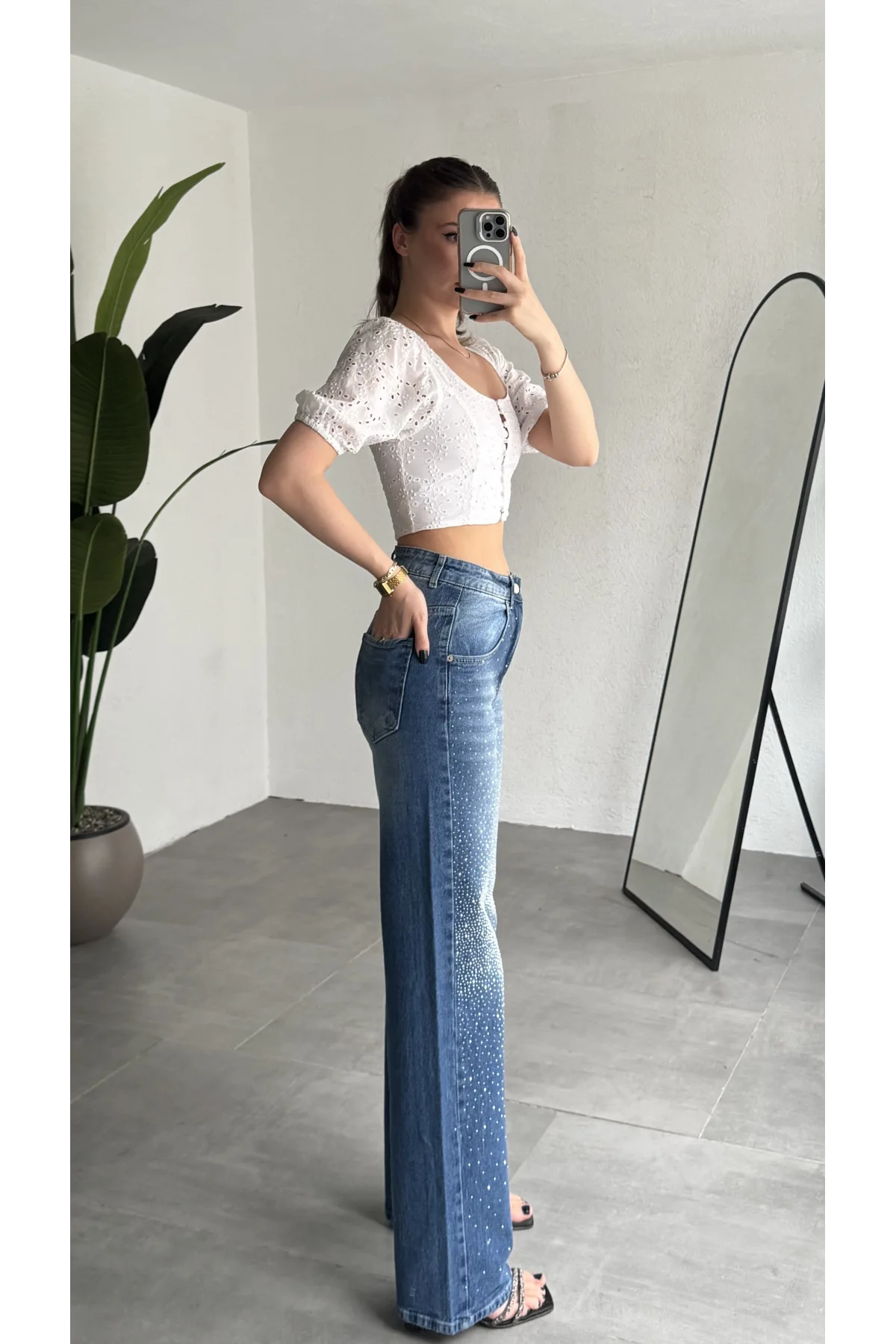 Kadın Mavi Taşlı Wide Leg Jean Pantolon Yüksek Bel Bol Paça Denim