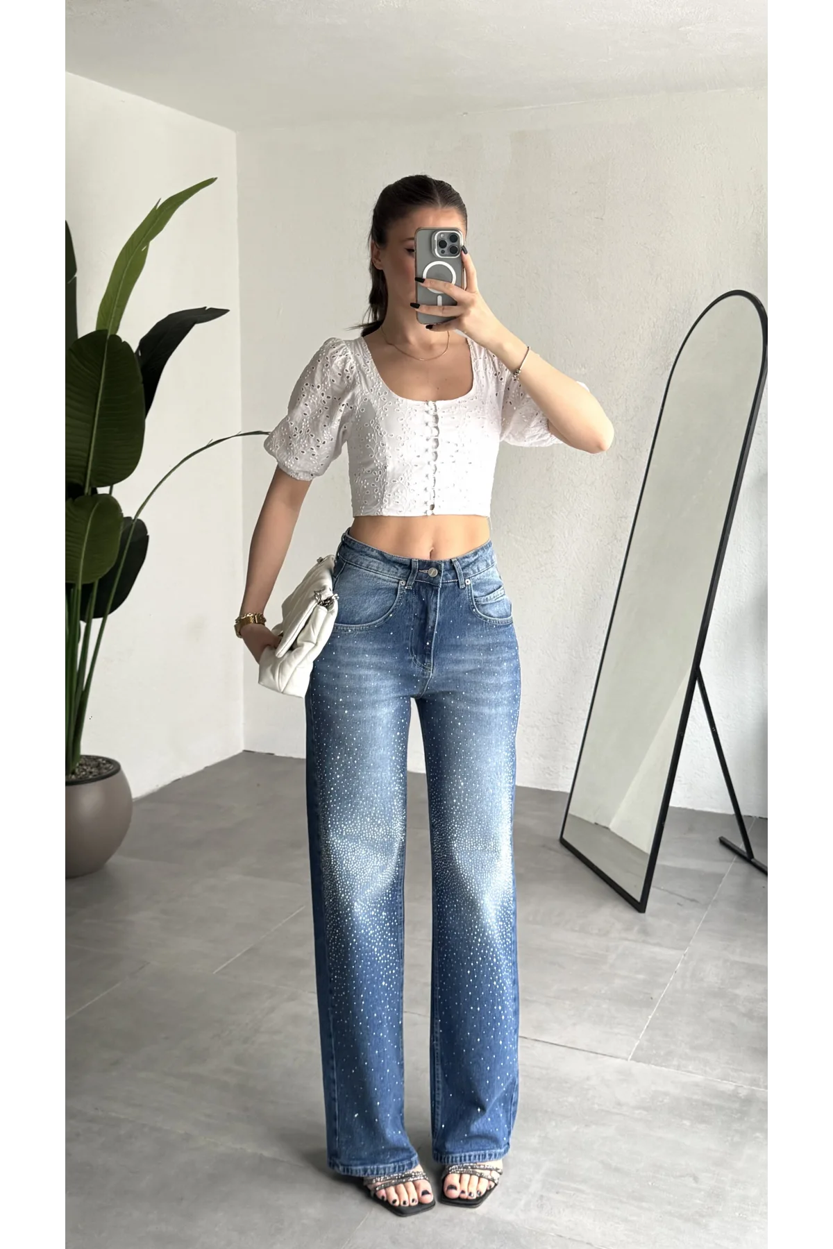 Kadın Mavi Taşlı Wide Leg Jean Pantolon Yüksek Bel Bol Paça Denim