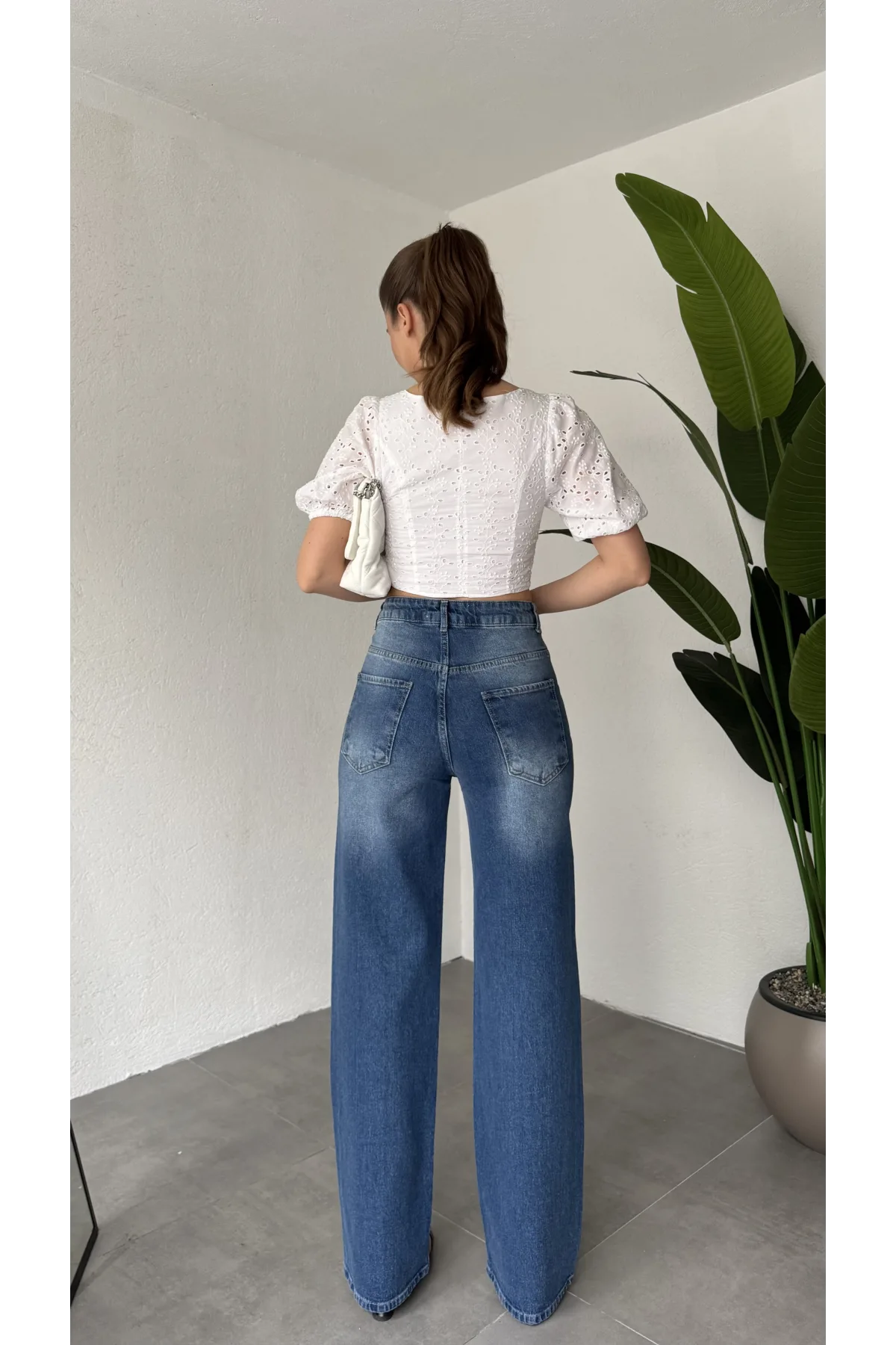 Kadın Mavi Taşlı Wide Leg Jean Pantolon Yüksek Bel Bol Paça Denim