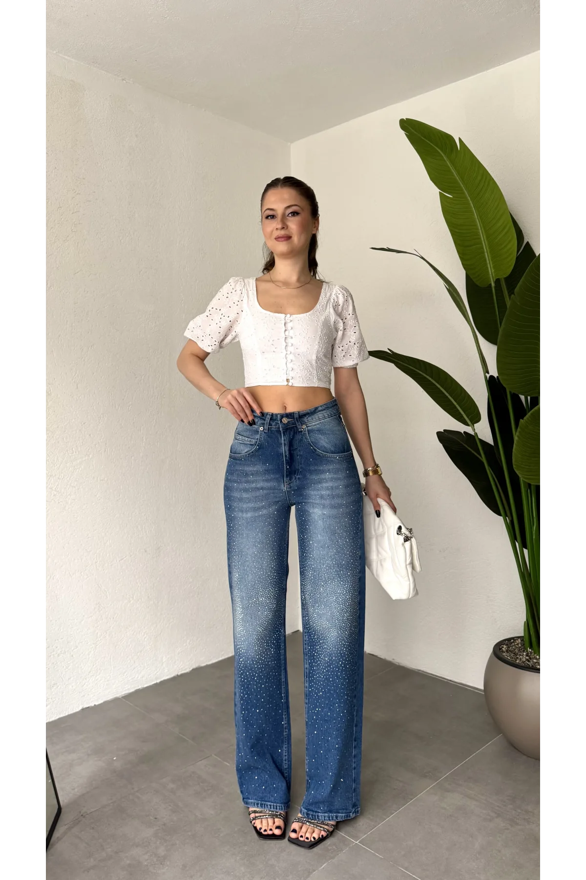 Kadın Mavi Taşlı Wide Leg Jean Pantolon Yüksek Bel Bol Paça Denim