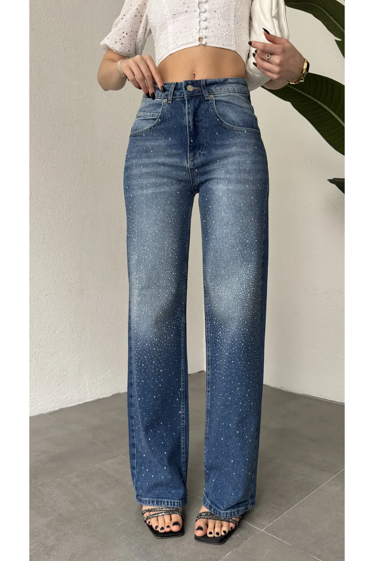 Kadın Mavi Taşlı Wide Leg Jean Pantolon Yüksek Bel Bol Paça Denim