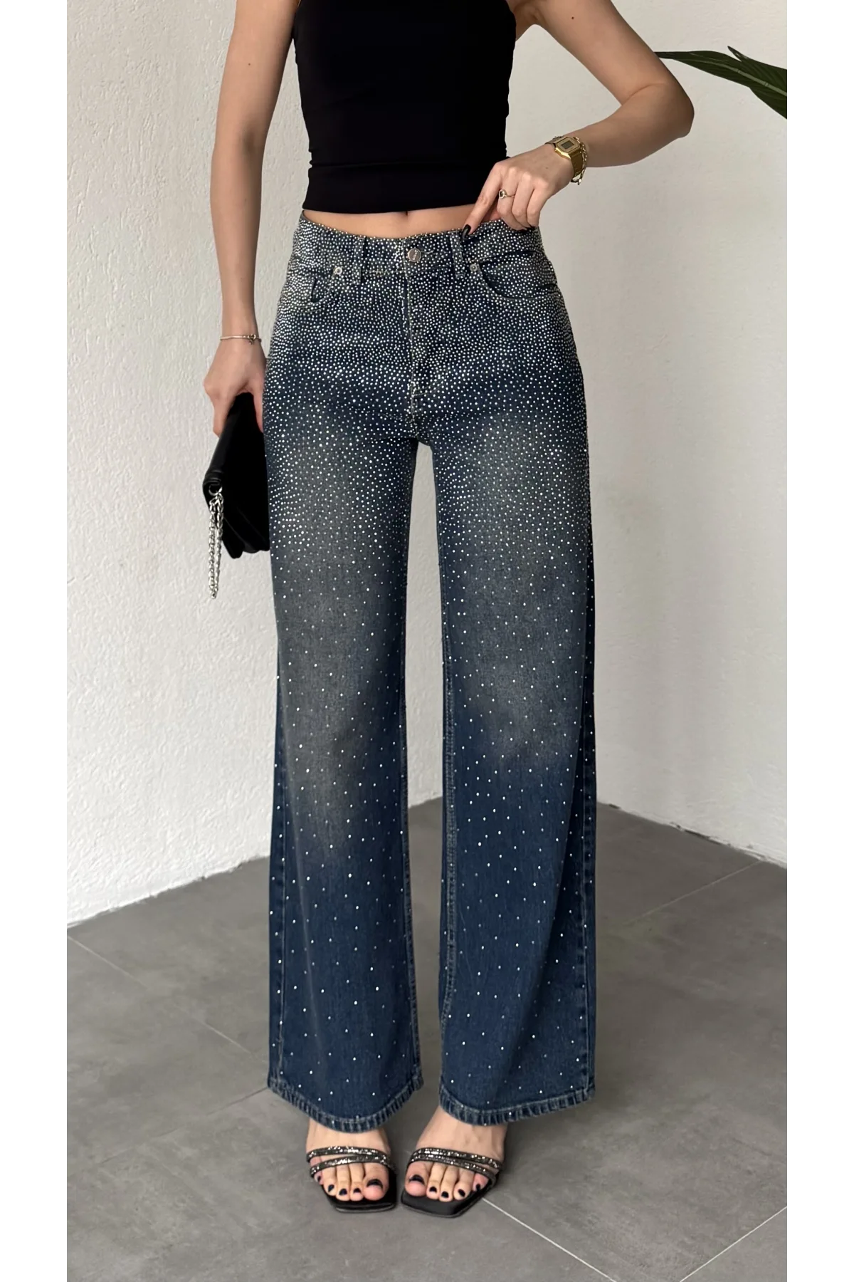 Kadın Koyu Mavi Taşlı Wide Leg Jean Pantolon Yüksek Bel Bol Paça Denim