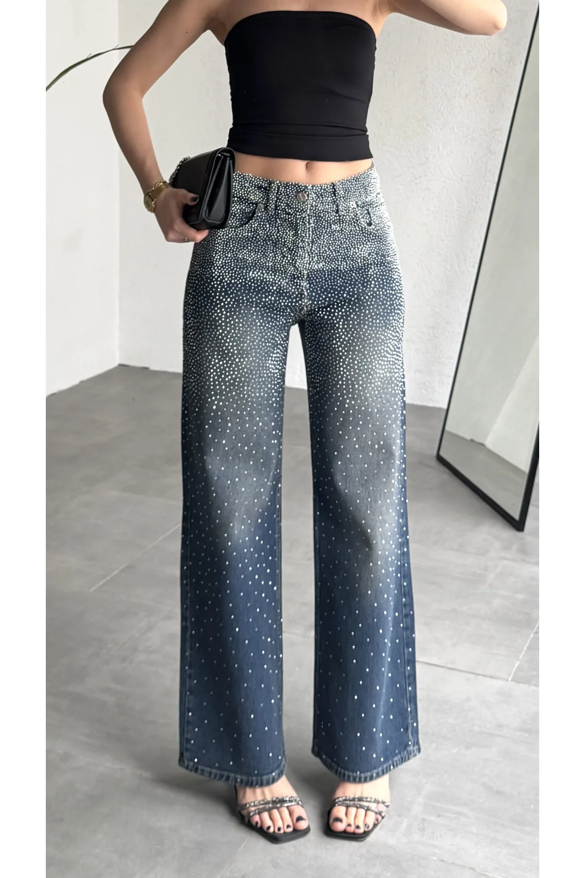 Kadın Koyu Mavi Taşlı Wide Leg Jean Pantolon Yüksek Bel Bol Paça Denim