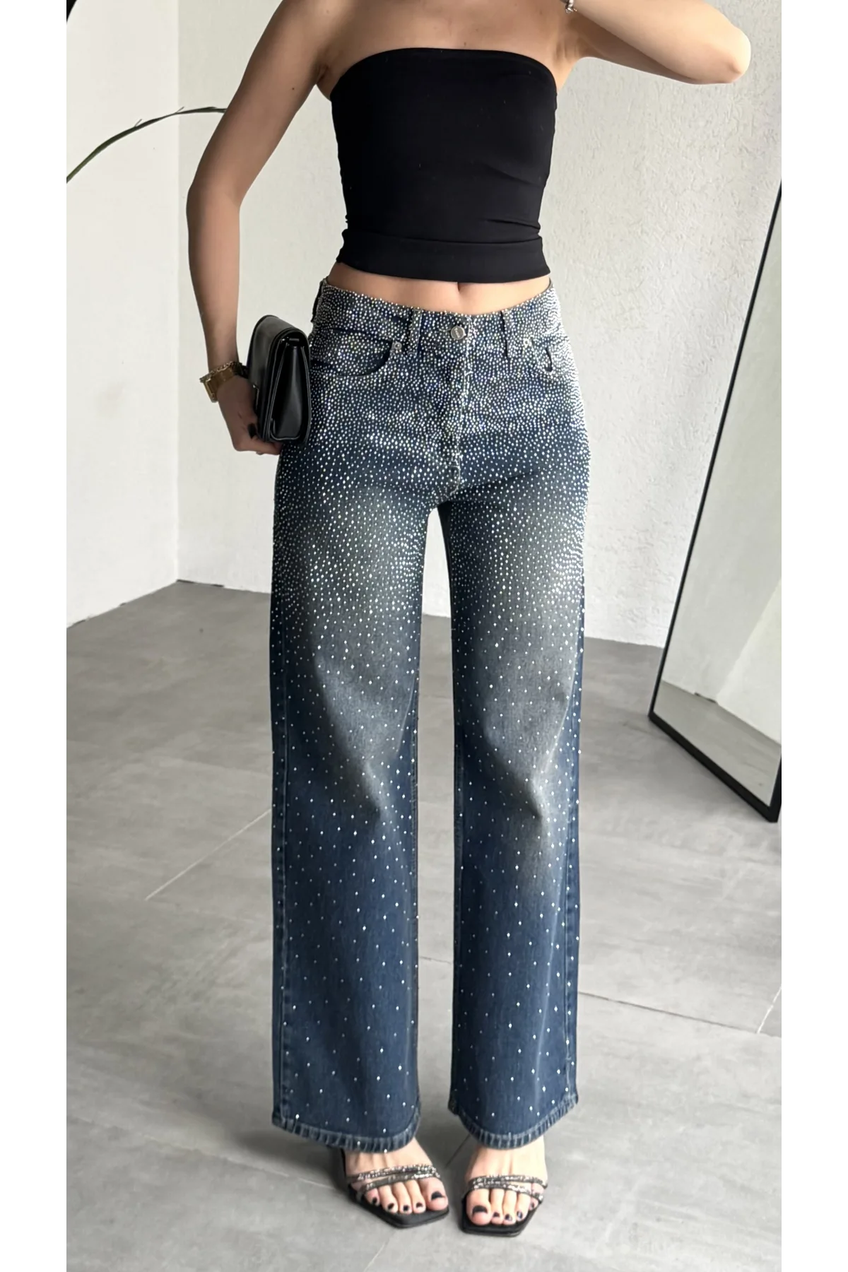 Kadın Koyu Mavi Taşlı Wide Leg Jean Pantolon Yüksek Bel Bol Paça Denim