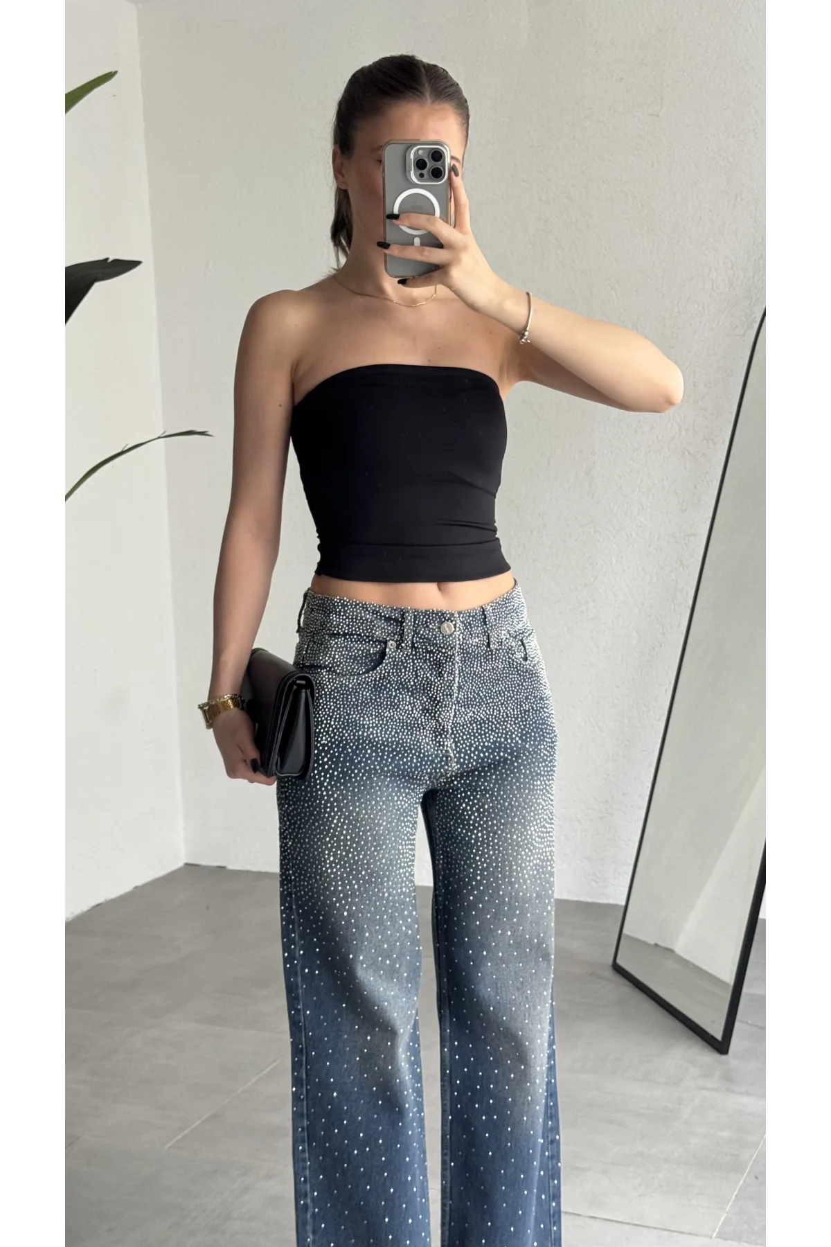Kadın Koyu Mavi Taşlı Wide Leg Jean Pantolon Yüksek Bel Bol Paça Denim