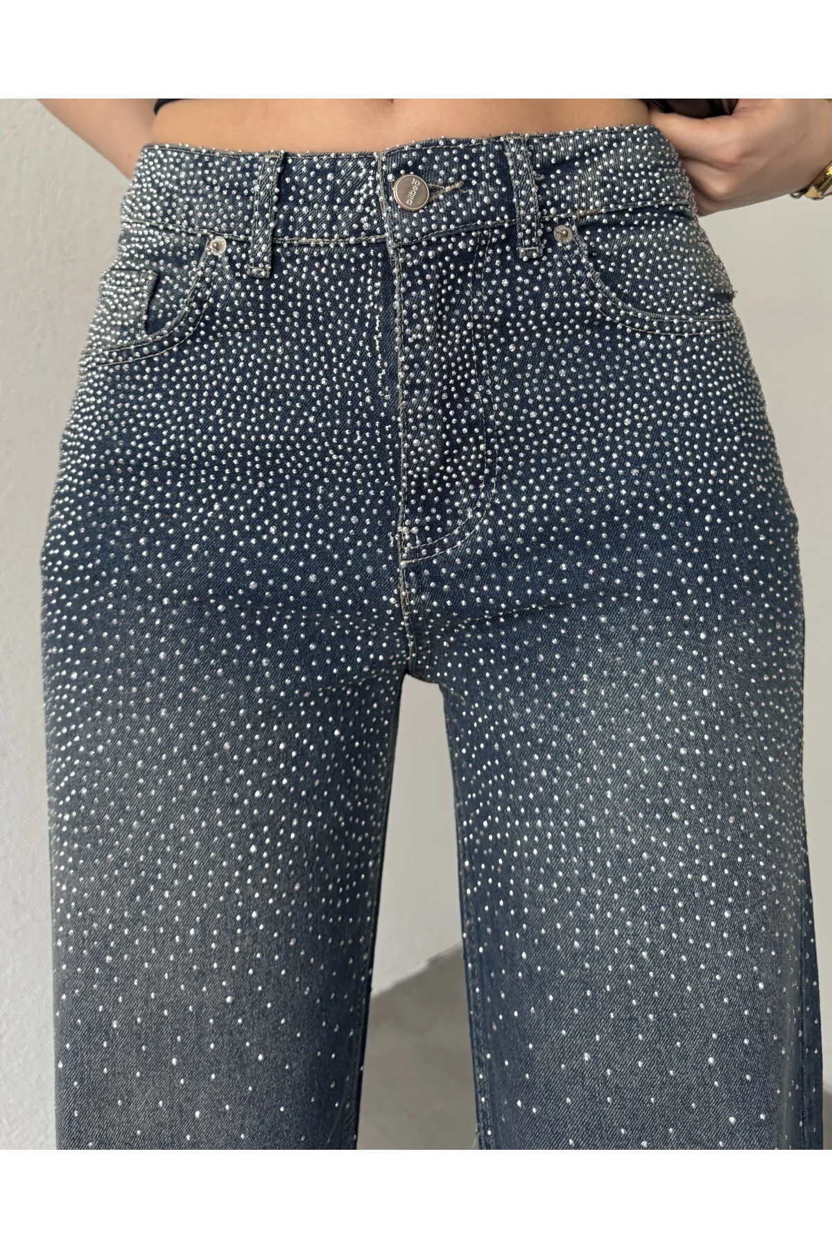 Kadın Koyu Mavi Taşlı Wide Leg Jean Pantolon Yüksek Bel Bol Paça Denim