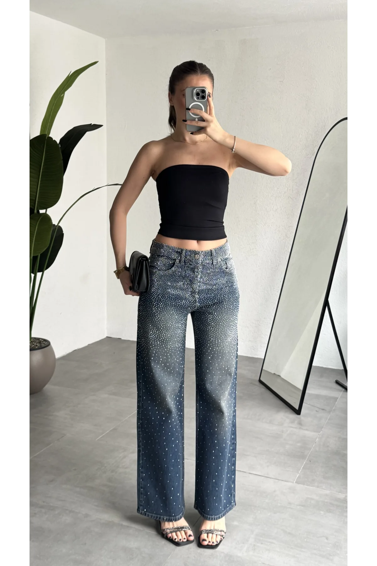 Kadın Koyu Mavi Taşlı Wide Leg Jean Pantolon Yüksek Bel Bol Paça Denim