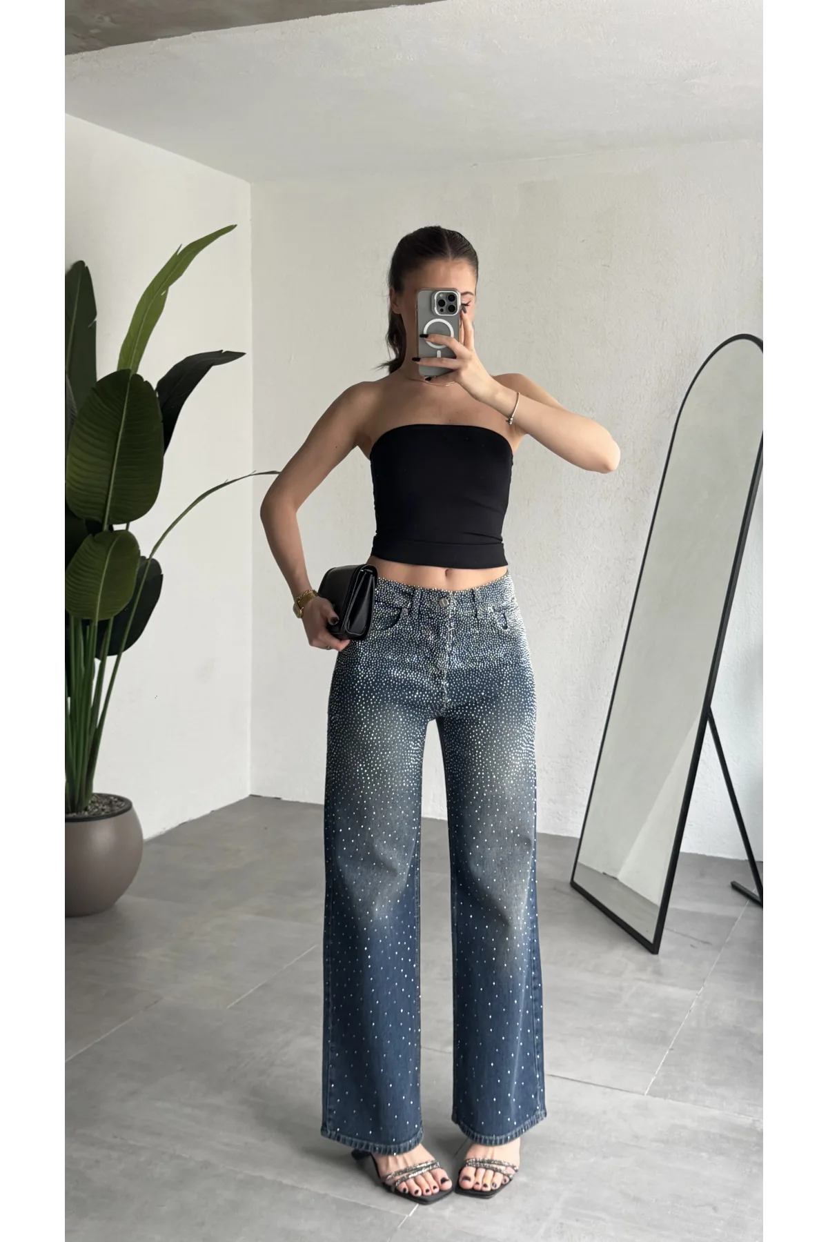 Kadın Koyu Mavi Taşlı Wide Leg Jean Pantolon Yüksek Bel Bol Paça Denim