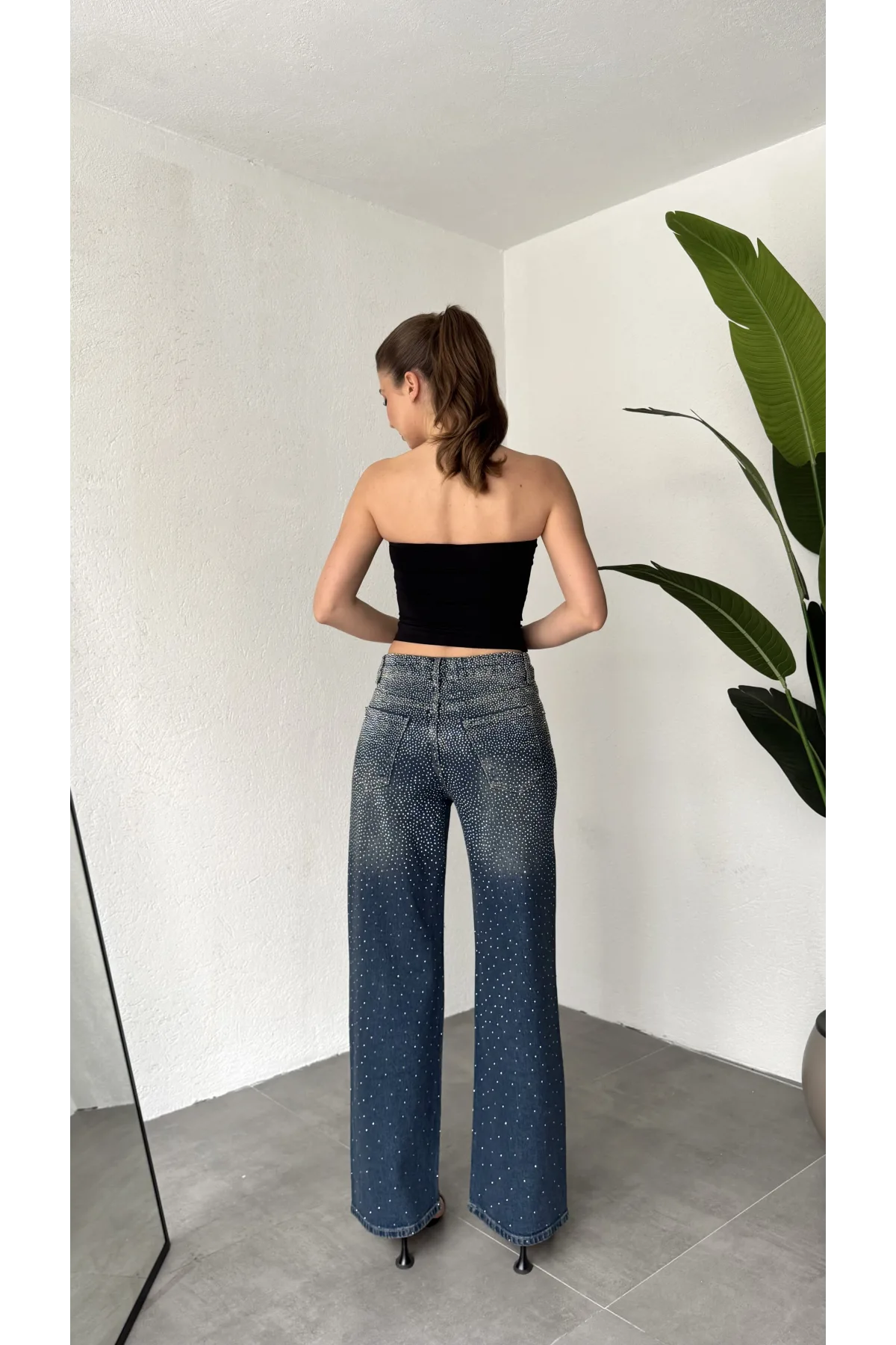 Kadın Koyu Mavi Taşlı Wide Leg Jean Pantolon Yüksek Bel Bol Paça Denim