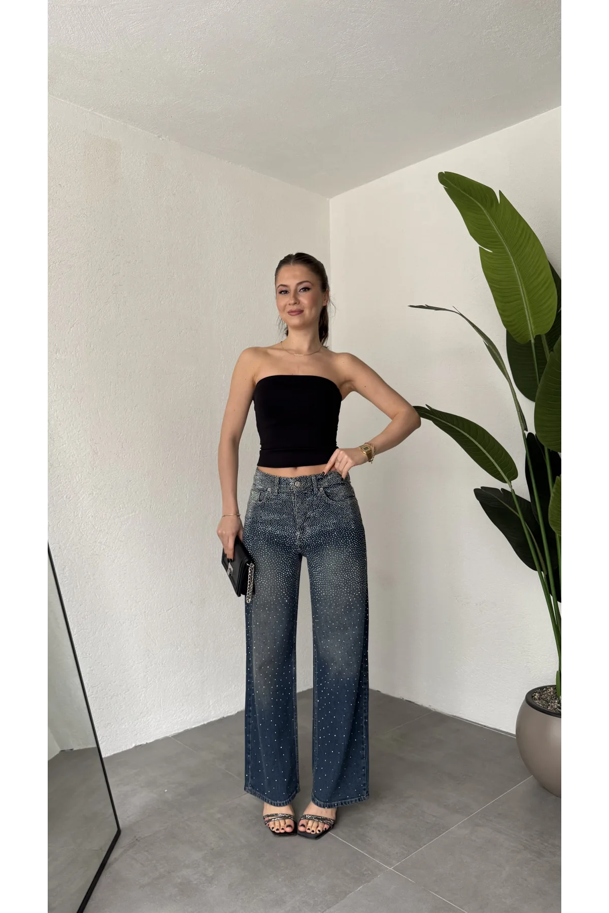 Kadın Koyu Mavi Taşlı Wide Leg Jean Pantolon Yüksek Bel Bol Paça Denim
