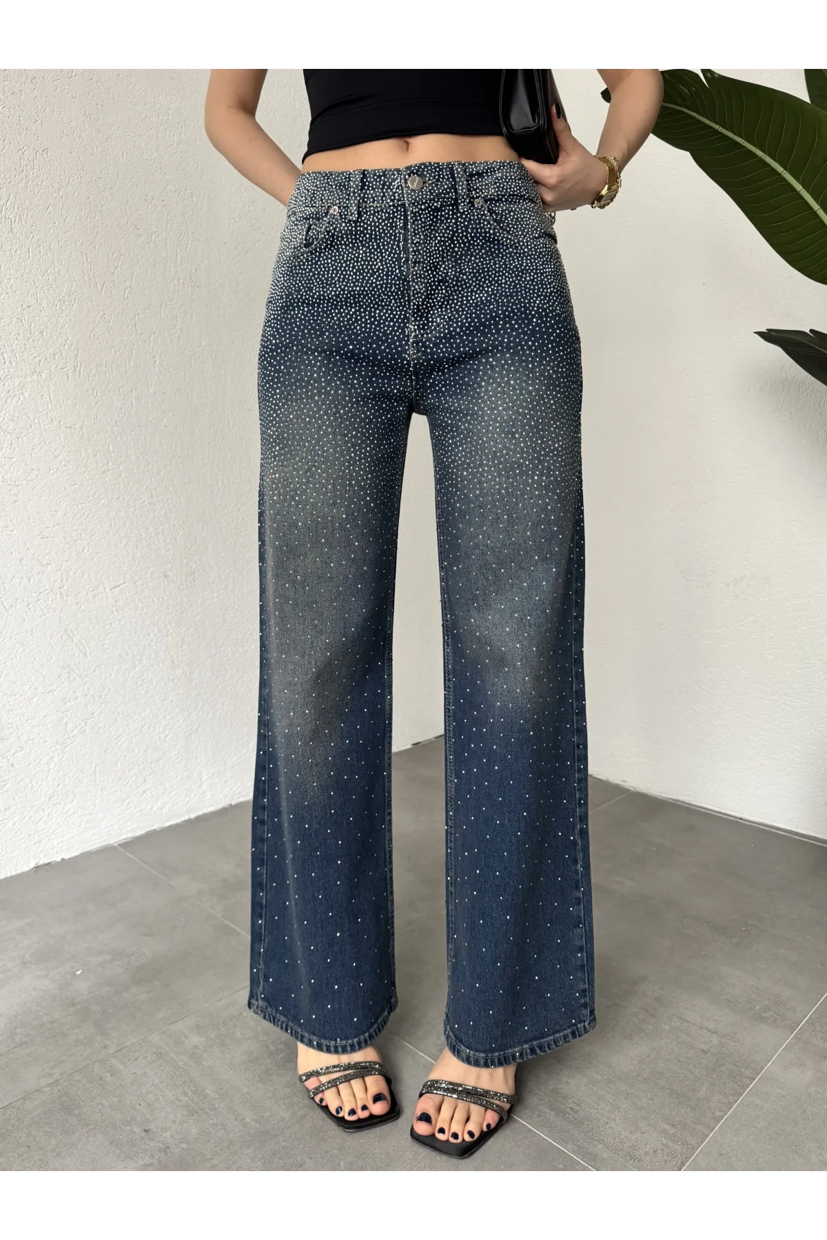 Kadın Koyu Mavi Taşlı Wide Leg Jean Pantolon Yüksek Bel Bol Paça Denim