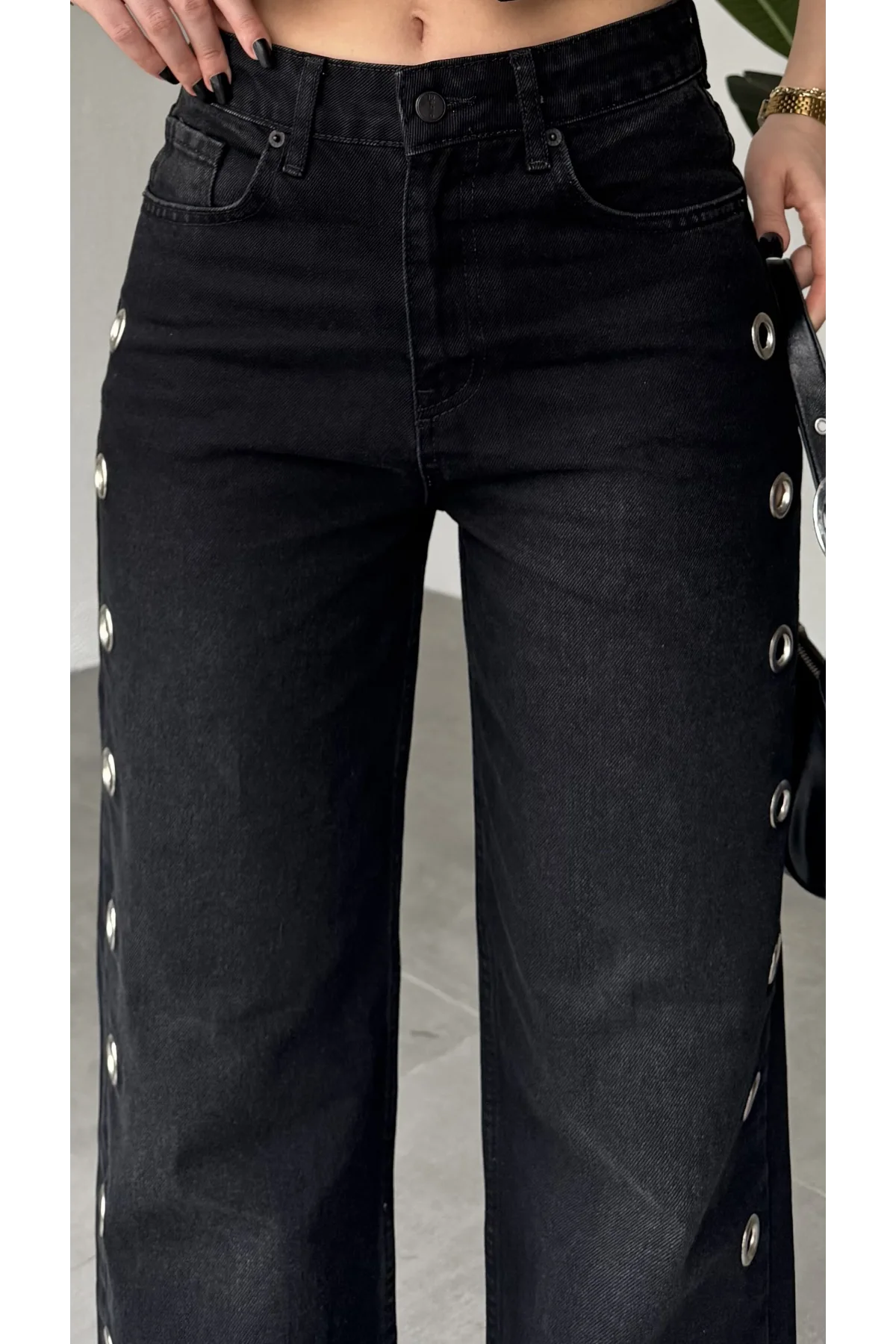 Kadın Siyah Halka Detaylı Wide Leg Jean Pantolon Yüksek Bel Bol Paça Denim