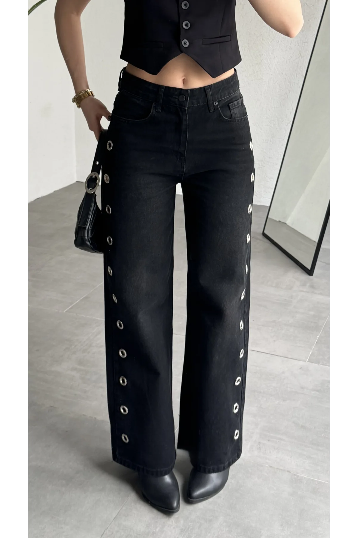 Kadın Siyah Halka Detaylı Wide Leg Jean Pantolon Yüksek Bel Bol Paça Denim