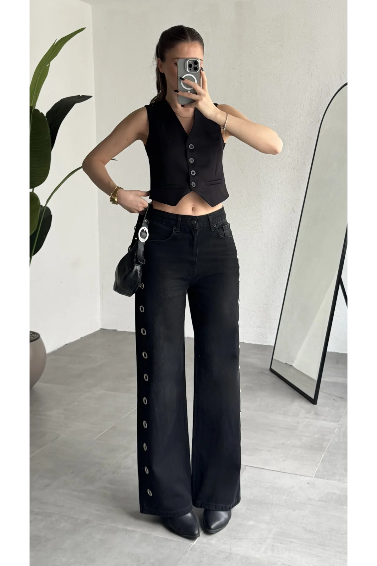 Kadın Siyah Halka Detaylı Wide Leg Jean Pantolon Yüksek Bel Bol Paça Denim