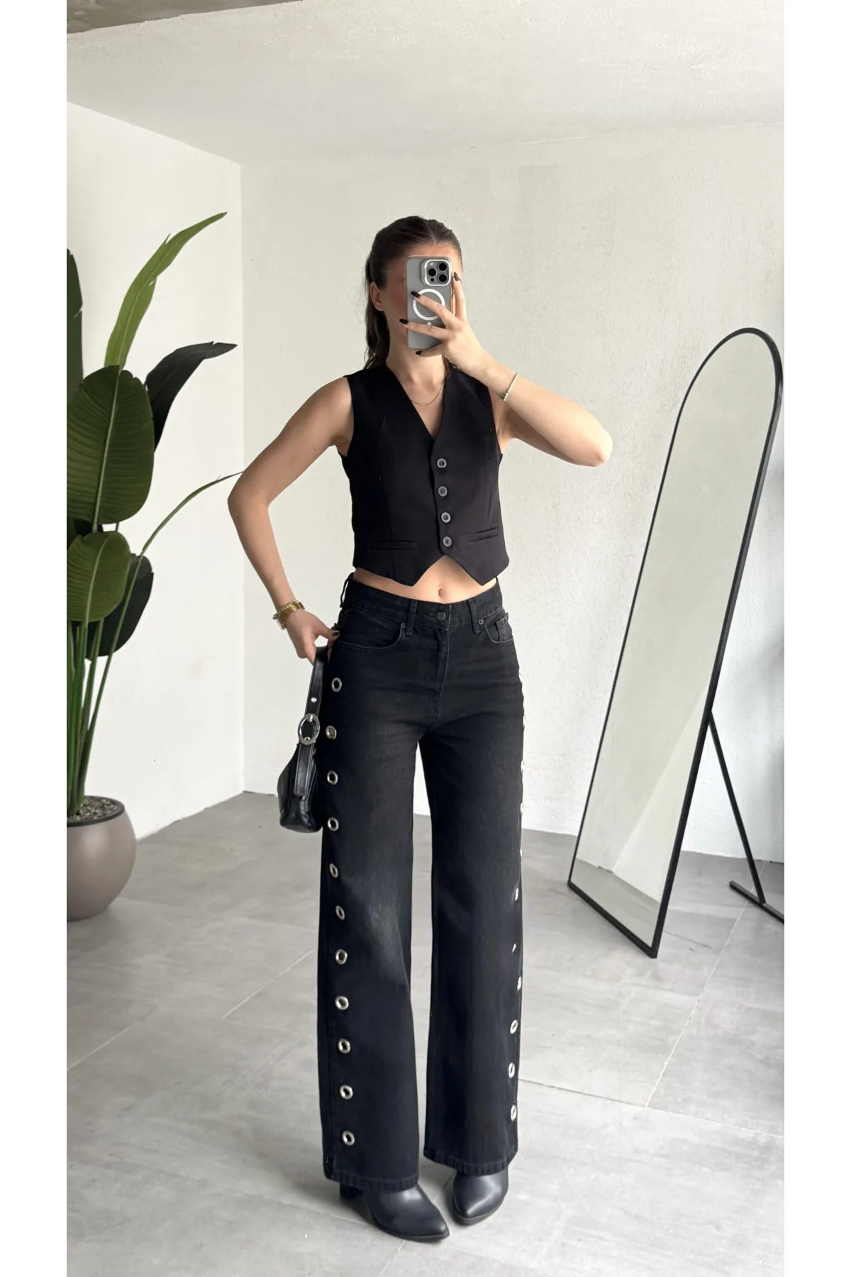 Kadın Siyah Halka Detaylı Wide Leg Jean Pantolon Yüksek Bel Bol Paça Denim