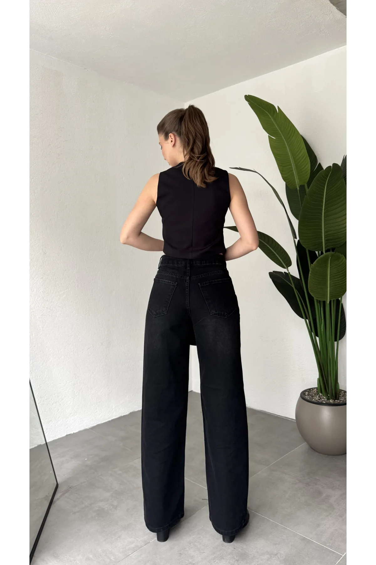 Kadın Siyah Halka Detaylı Wide Leg Jean Pantolon Yüksek Bel Bol Paça Denim