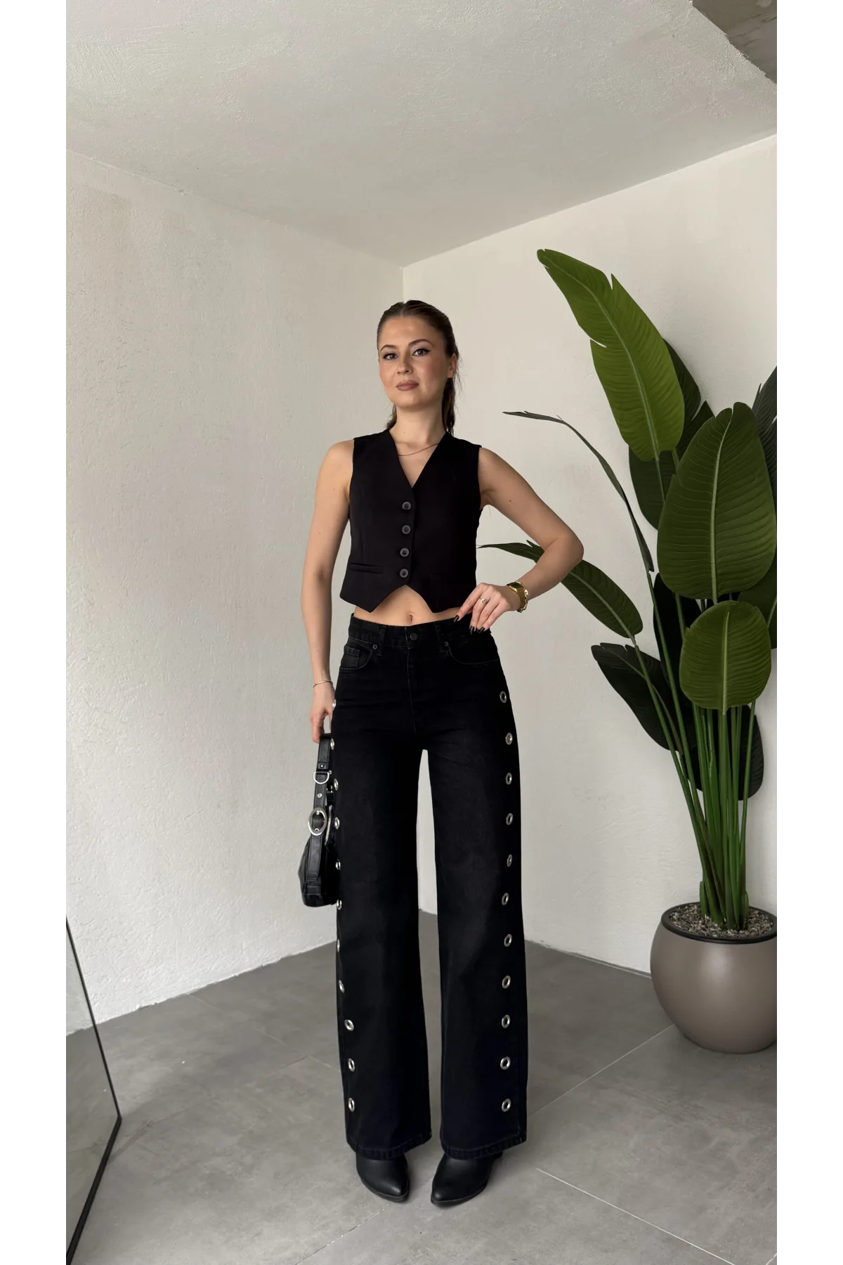 Kadın Siyah Halka Detaylı Wide Leg Jean Pantolon Yüksek Bel Bol Paça Denim