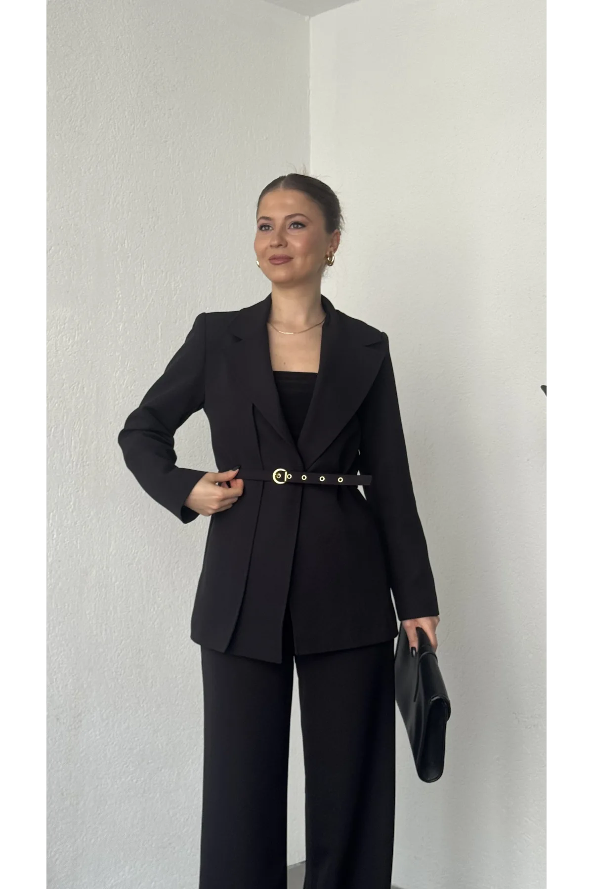 Kadın Siyah Kemerli Blazer Ceket Bel Lastikli Palazzo Pantolon İkili Takım