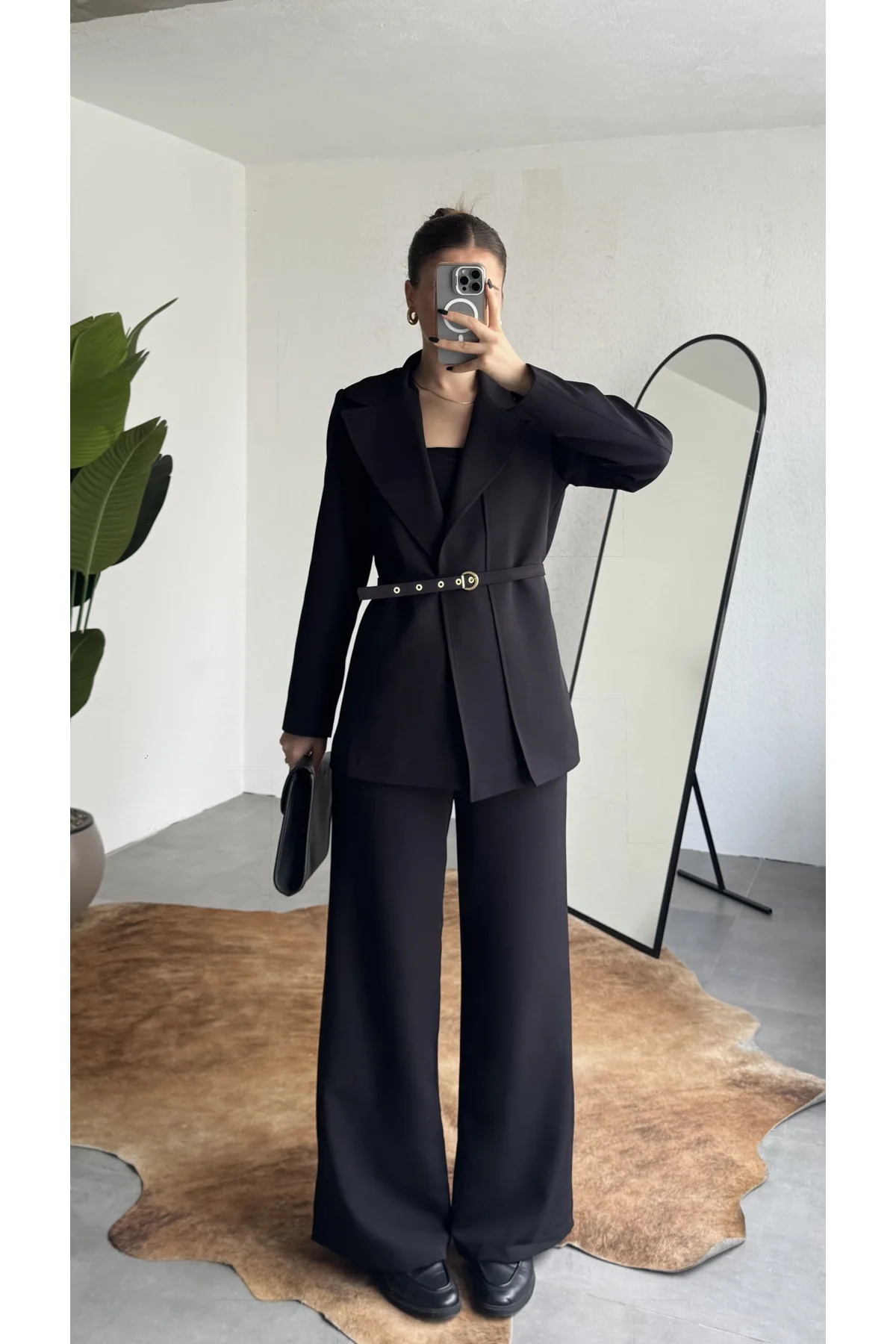 Kadın Siyah Kemerli Blazer Ceket Bel Lastikli Palazzo Pantolon İkili Takım