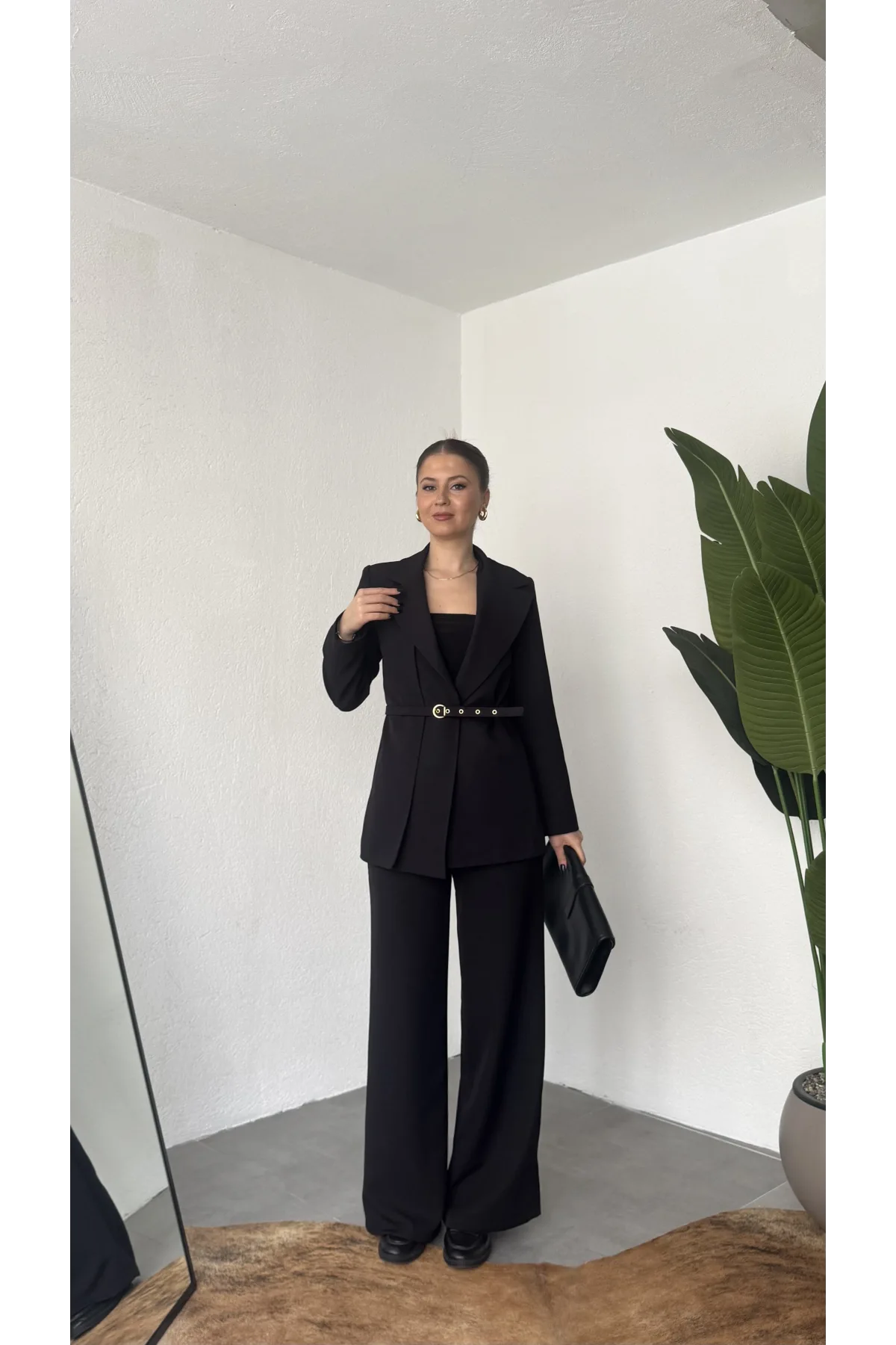 Kadın Siyah Kemerli Blazer Ceket Bel Lastikli Palazzo Pantolon İkili Takım