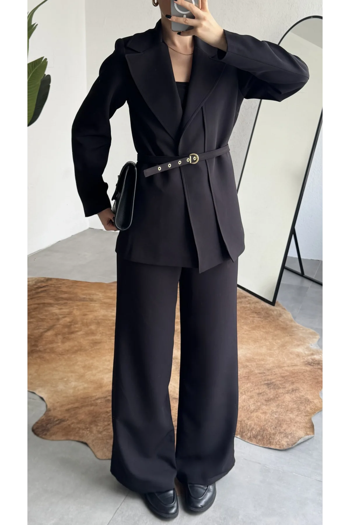 Kadın Siyah Kemerli Blazer Ceket Bel Lastikli Palazzo Pantolon İkili Takım