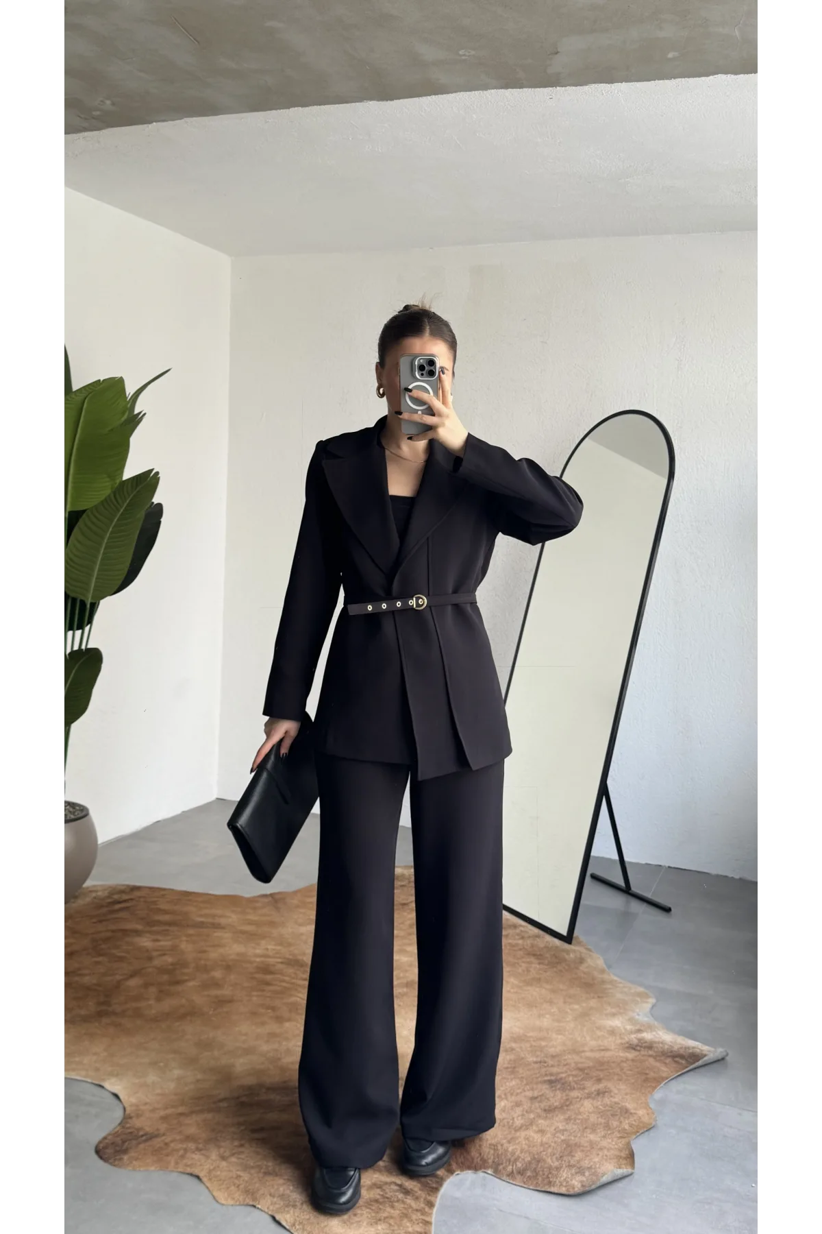 Kadın Siyah Kemerli Blazer Ceket Bel Lastikli Palazzo Pantolon İkili Takım