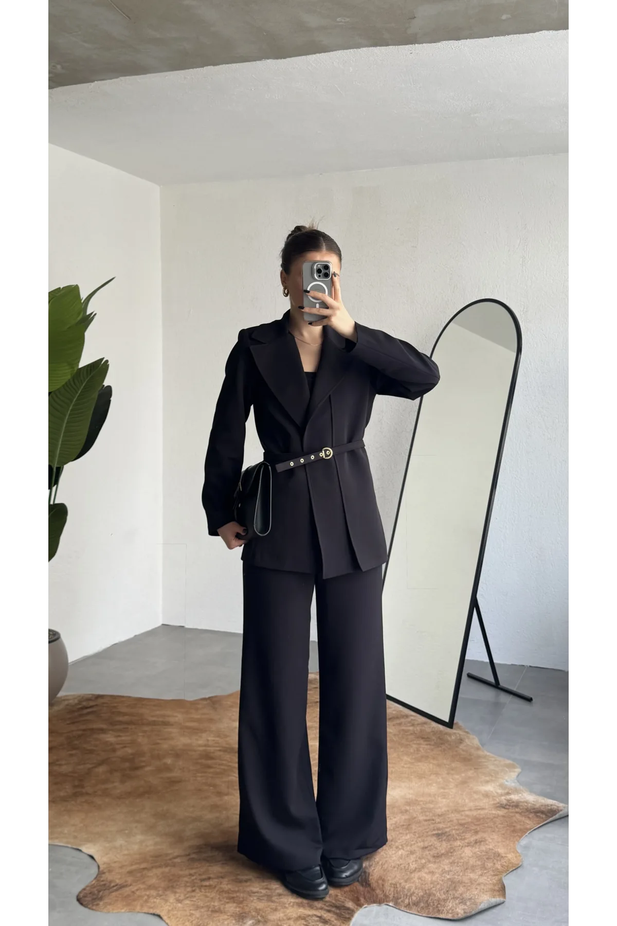 Kadın Siyah Kemerli Blazer Ceket Bel Lastikli Palazzo Pantolon İkili Takım