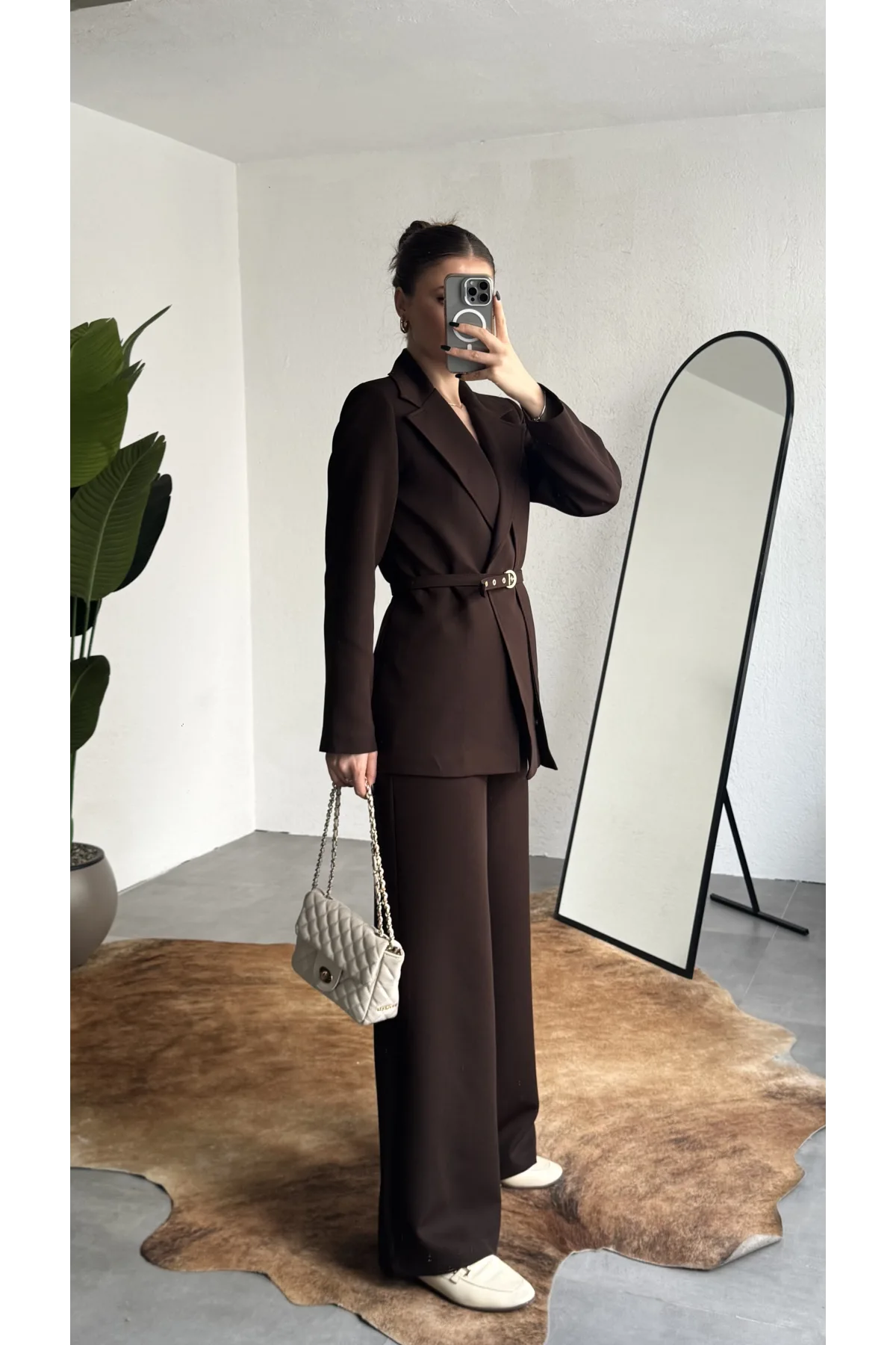 Kadın Kahverengi Kemerli Blazer Ceket Bel Lastikli Palazzo Pantolon İkili Takım