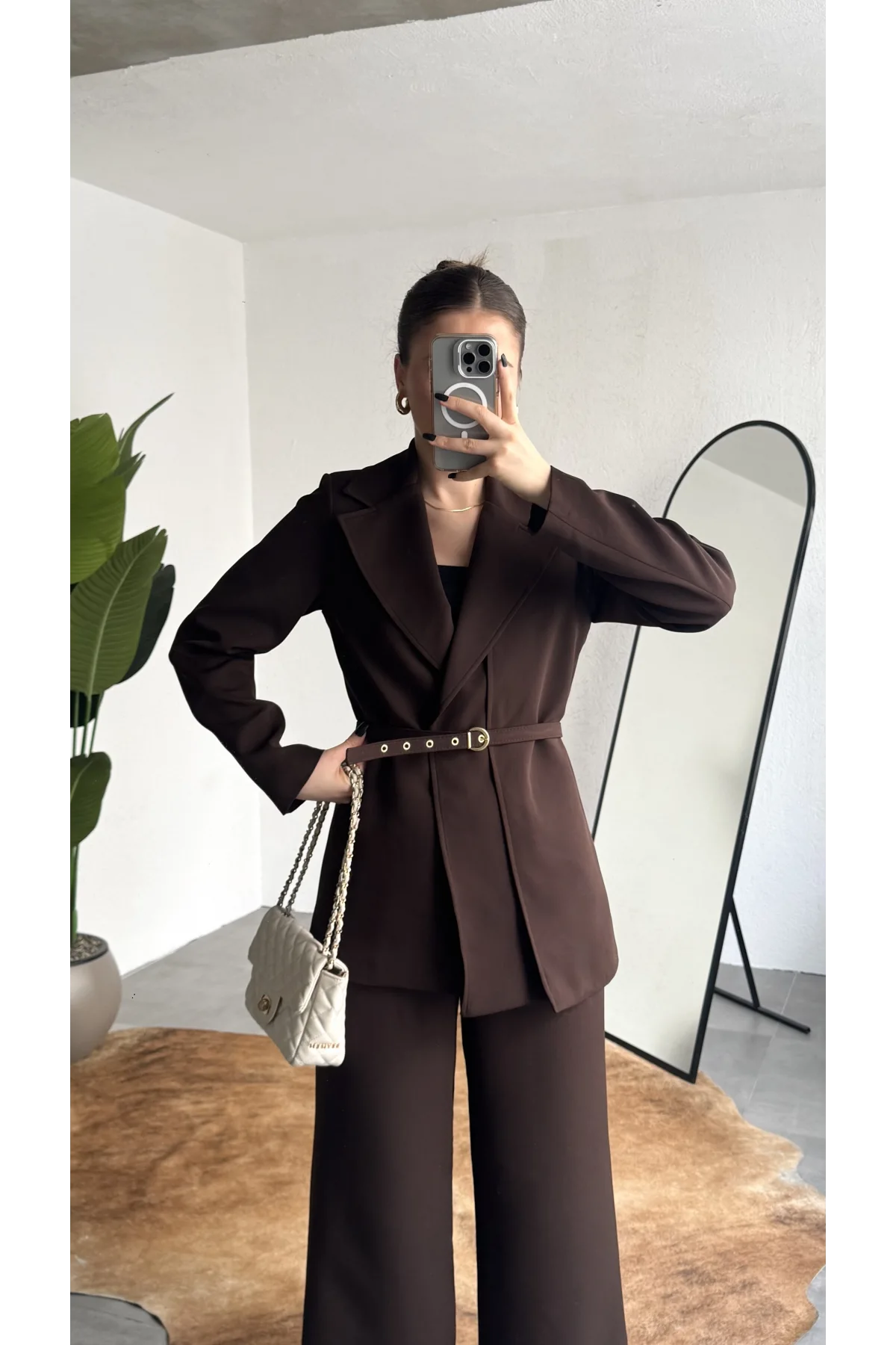 Kadın Kahverengi Kemerli Blazer Ceket Bel Lastikli Palazzo Pantolon İkili Takım