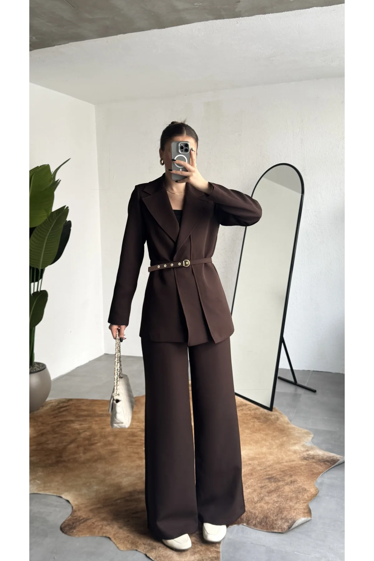 Kadın Kahverengi Kemerli Blazer Ceket Bel Lastikli Palazzo Pantolon İkili Takım