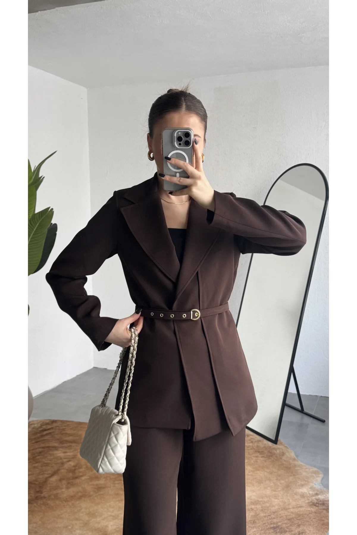 Kadın Kahverengi Kemerli Blazer Ceket Bel Lastikli Palazzo Pantolon İkili Takım