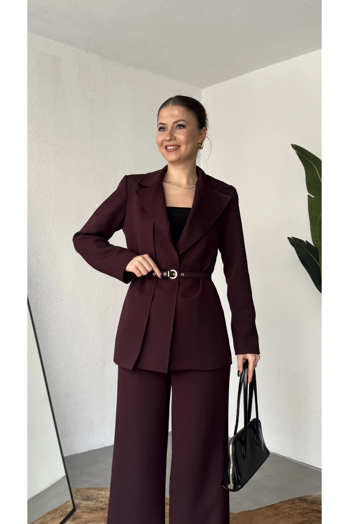 Kadın Bordo Kemerli Blazer Ceket Bel Lastikli Palazzo Pantolon İkili Takım