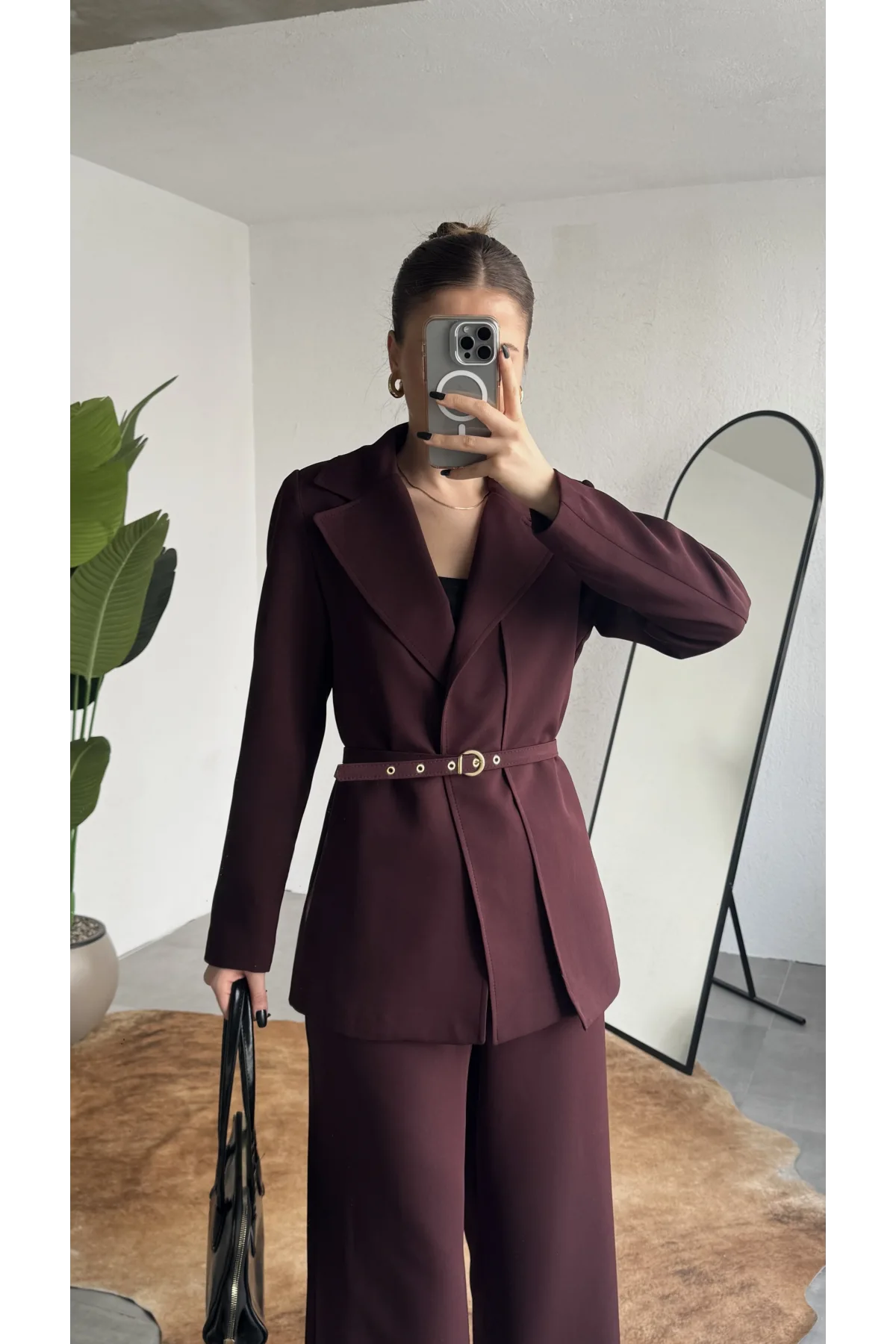 Kadın Bordo Kemerli Blazer Ceket Bel Lastikli Palazzo Pantolon İkili Takım