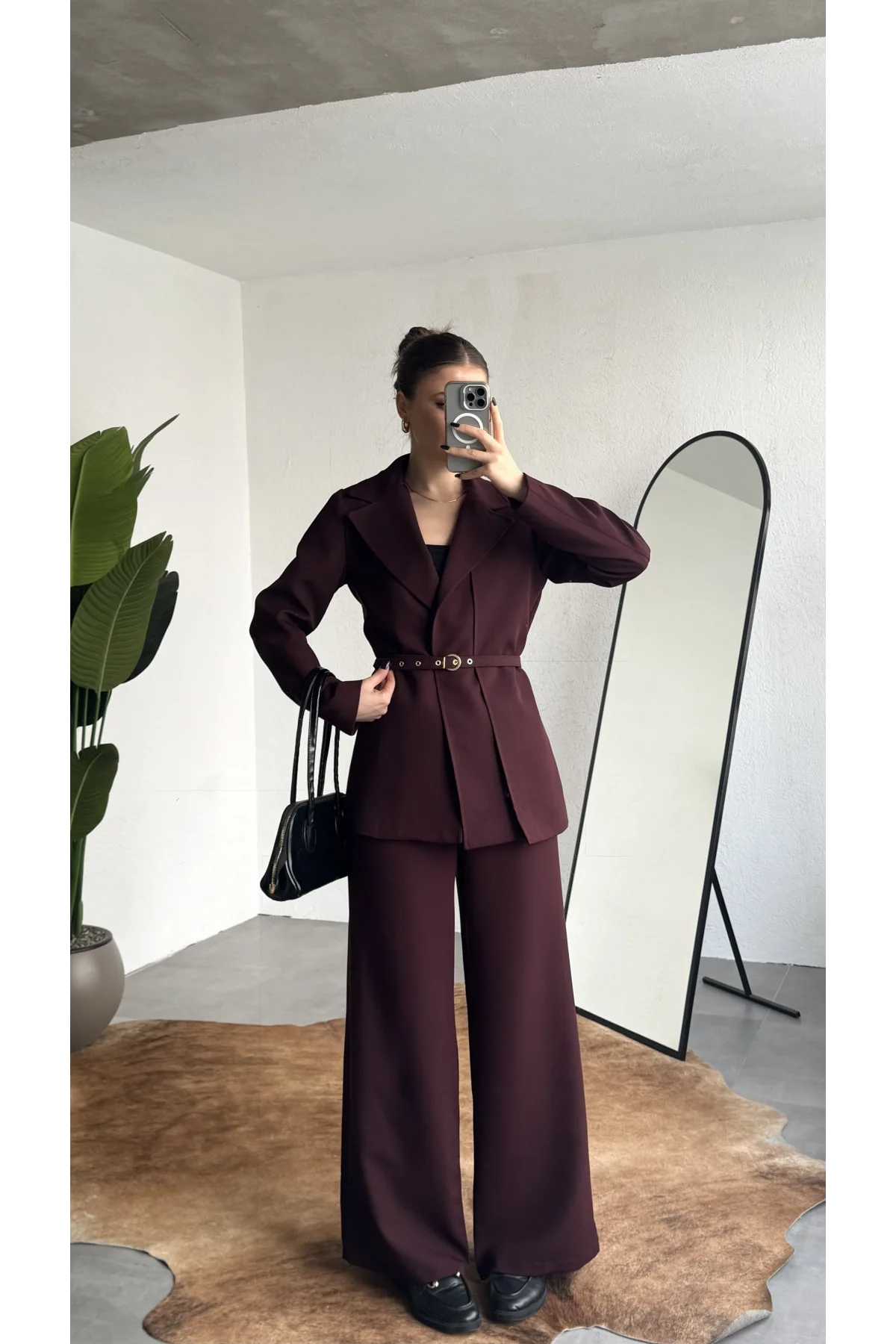 Kadın Bordo Kemerli Blazer Ceket Bel Lastikli Palazzo Pantolon İkili Takım