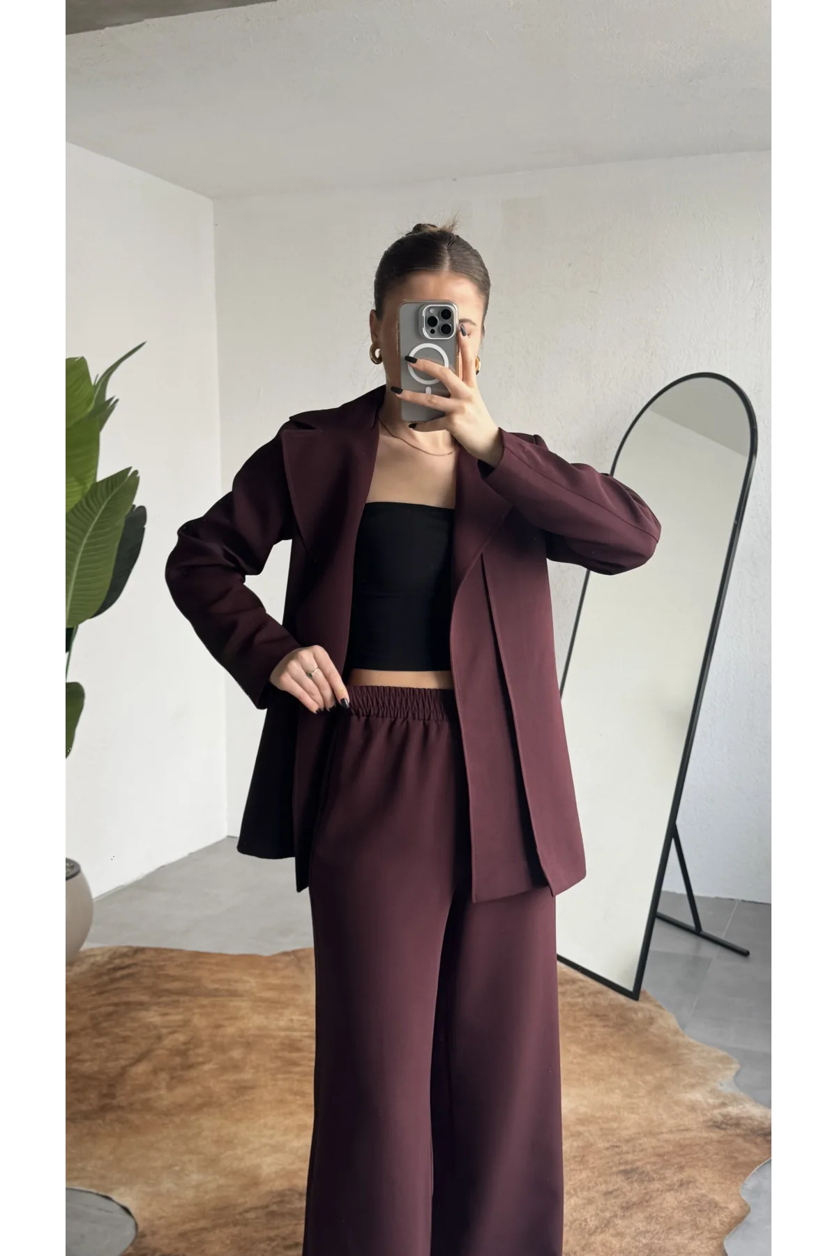 Kadın Bordo Kemerli Blazer Ceket Bel Lastikli Palazzo Pantolon İkili Takım