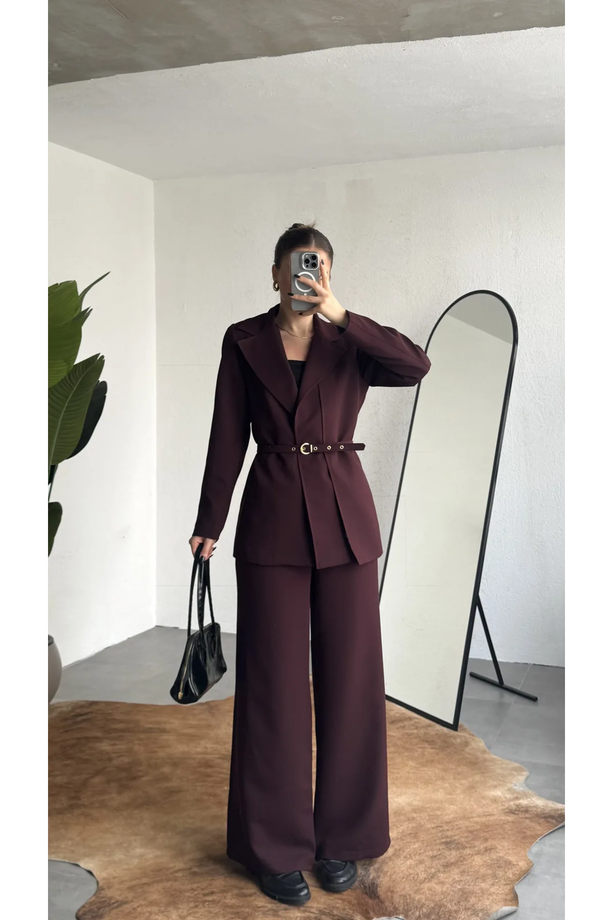 Kadın Bordo Kemerli Blazer Ceket Bel Lastikli Palazzo Pantolon İkili Takım