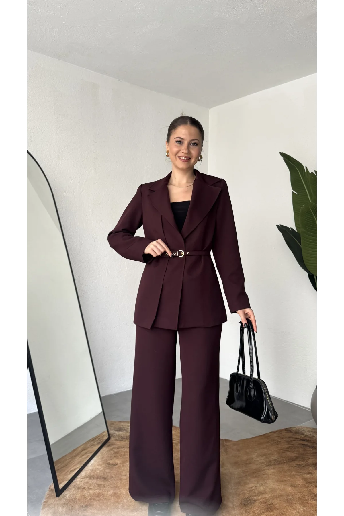 Kadın Bordo Kemerli Blazer Ceket Bel Lastikli Palazzo Pantolon İkili Takım