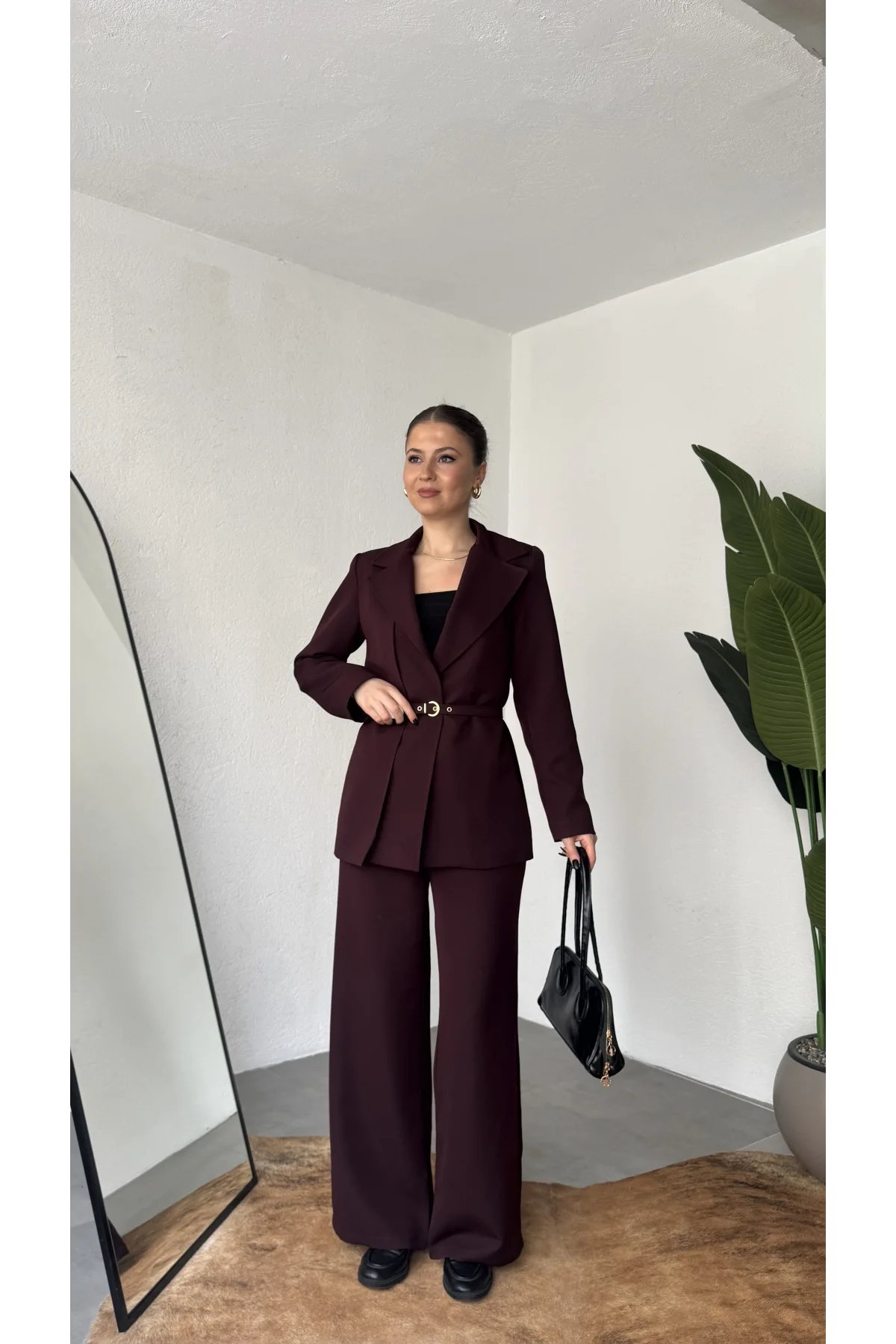 Kadın Bordo Kemerli Blazer Ceket Bel Lastikli Palazzo Pantolon İkili Takım