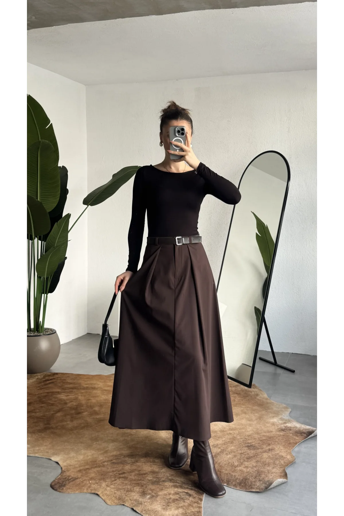 Kadın Kahverengi Maxi Boy Kemerli Uzun Etek Kadın Yüksek Bel Pileli