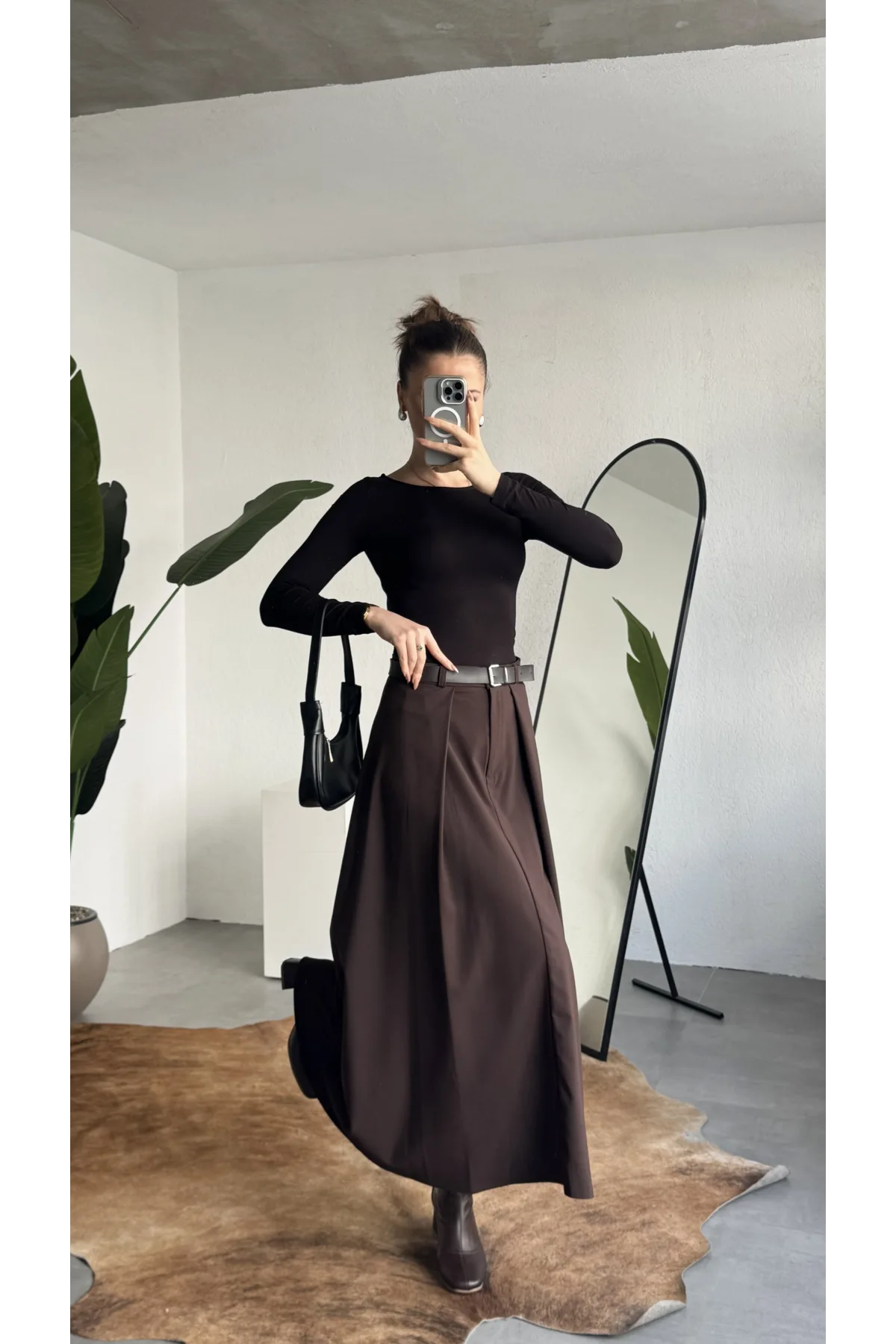 Kadın Kahverengi Maxi Boy Kemerli Uzun Etek Kadın Yüksek Bel Pileli